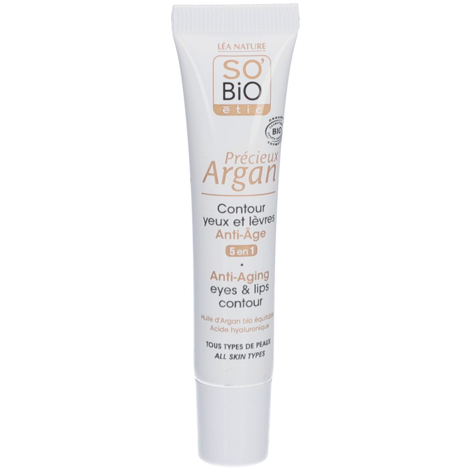 Tube de SO BIO ETIC Précieux Argan Contour Yeux et Lèvres. Blanc, avec texte et logo. Formule anti-âge 5 en 1.