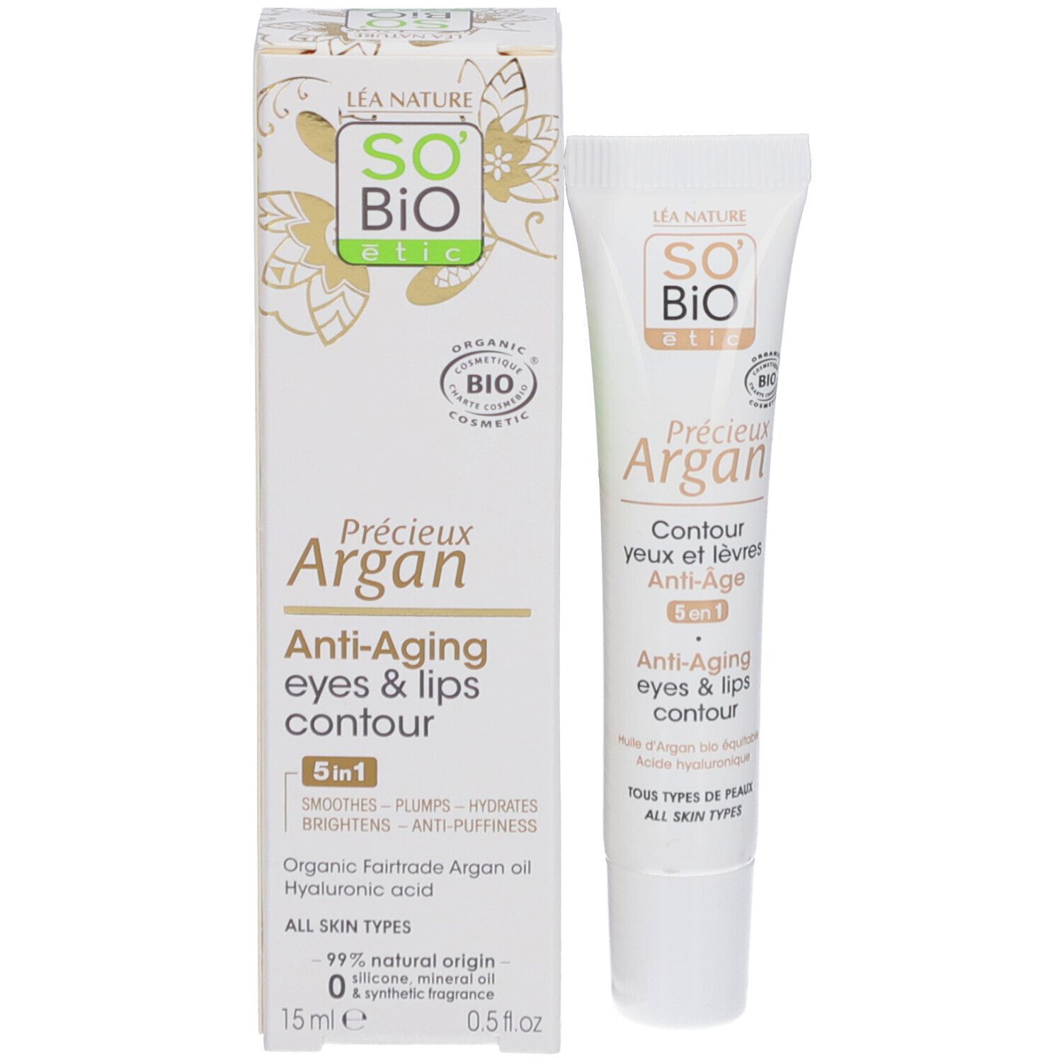 SO BIO ETIC Précieux Argan Contour Yeux et Lèvres, tube et emballage. Blanc, texte et logo. Formule anti-âge 5 en 1.
