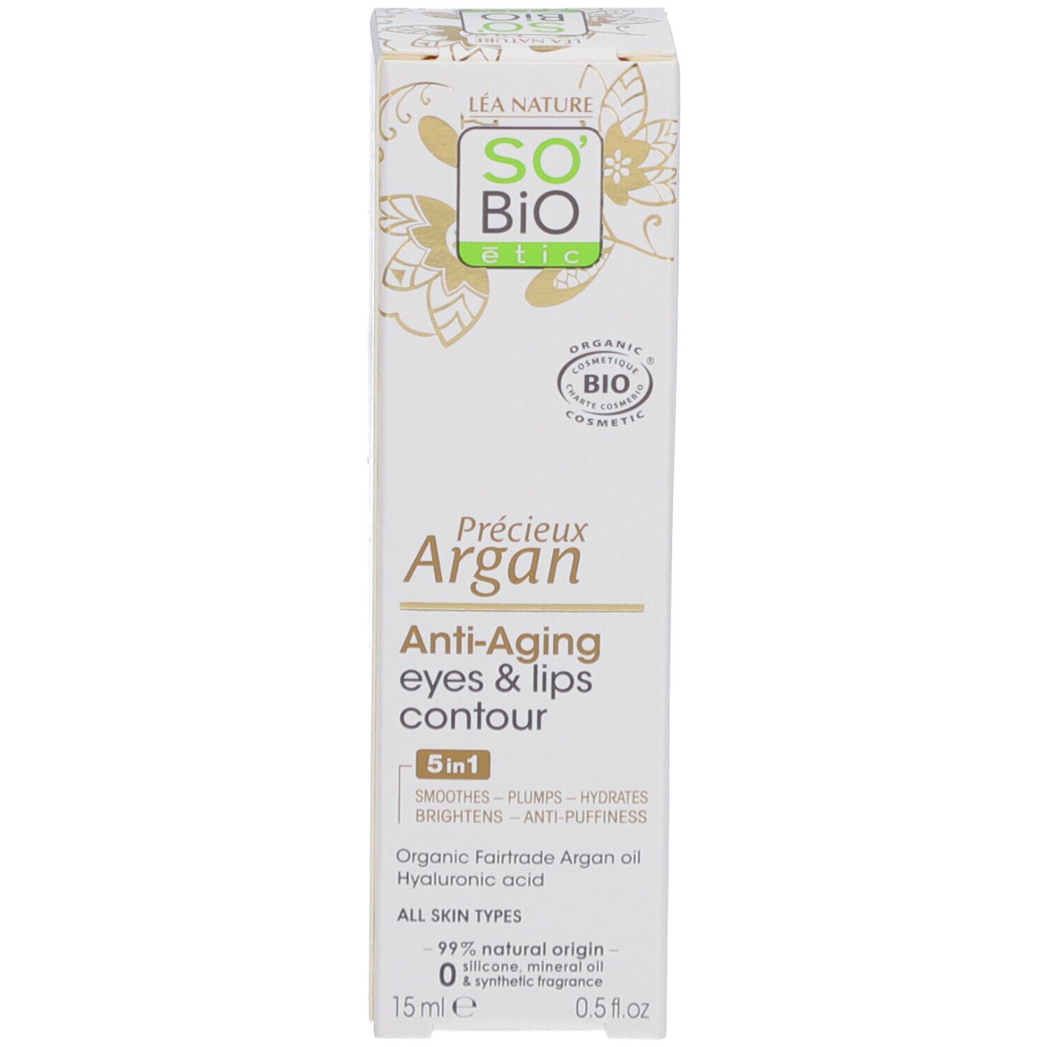 SO BIO ETIC Précieux Argan Contour Yeux et Lèvres, emballage. Blanc, texte et logo. Formule anti-âge 5 en 1.