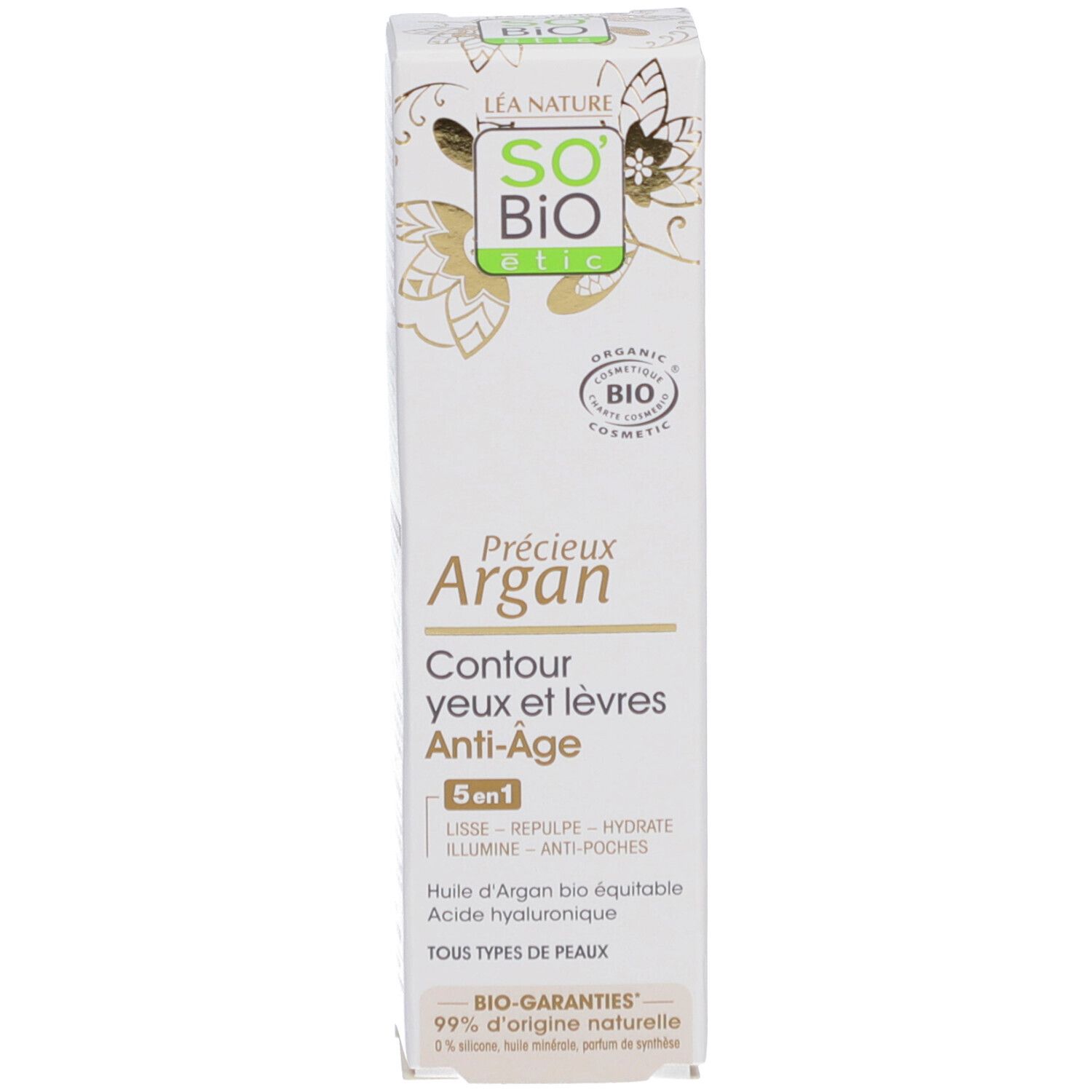 SO BIO ETIC Précieux Argan Contour Yeux et Lèvres, emballage. Blanc, texte et logo. Formule anti-âge 5 en 1.