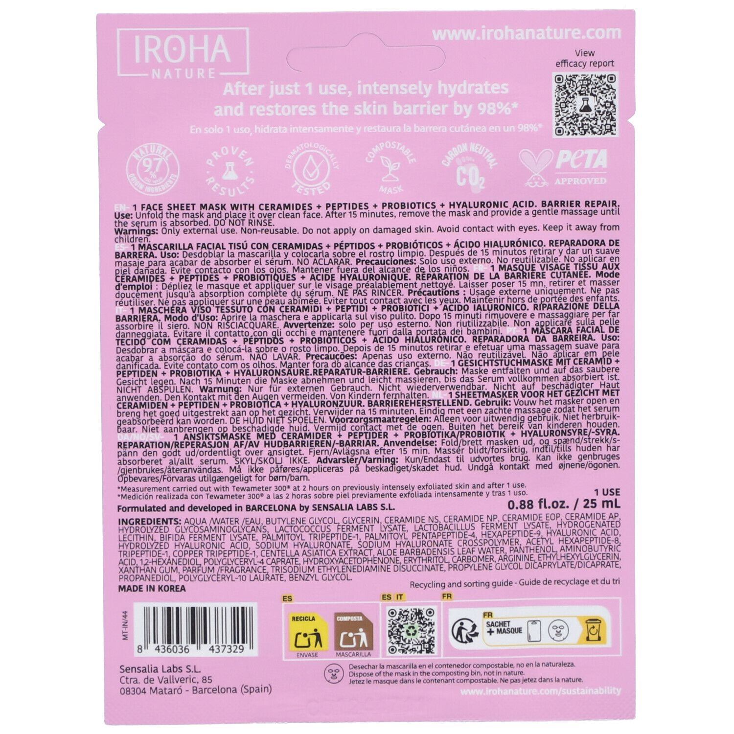 Rückseite der IROHA Gesichtsmaskenverpackung. Rosa Hintergrund, Text und Symbole. Enthält Informationen zu Inhaltsstoffen und Anwendung.
