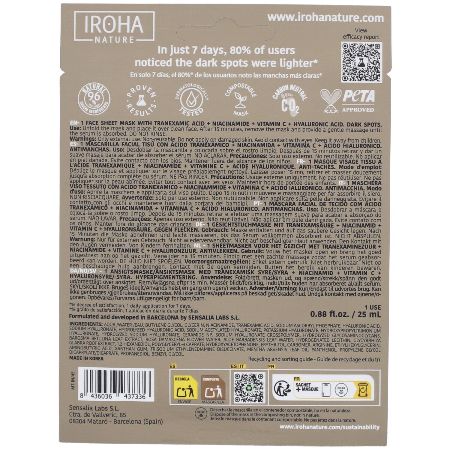 Rückseite der Gesichtsmaskenverpackung. Text: IROHA NATURE, DARK SPOTS, Tranexamsäure, Vitamin C, Hyaluronsäure. Vegan, kompostierbar.