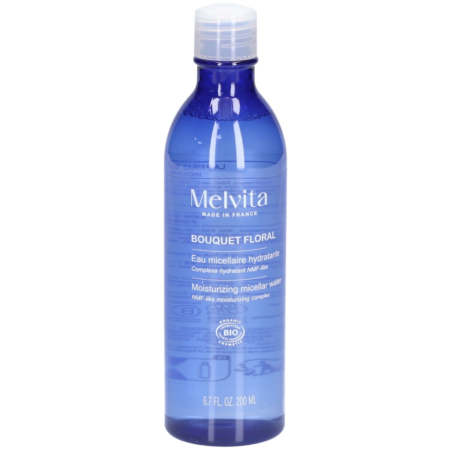 Flacon bleu avec bouchon blanc. Inscription: MELVITA, Bouquet Floral, Eau micellaire hydratante, Moisturizing micellar water. Label bio.