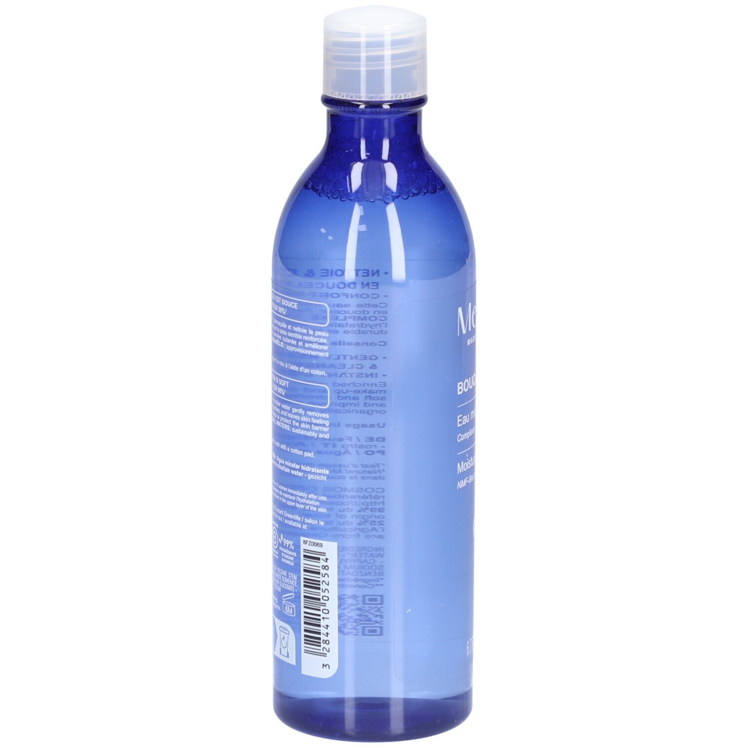 Flacon bleu avec bouchon blanc. Dos avec texte et code-barres. Nom du produit non visible.