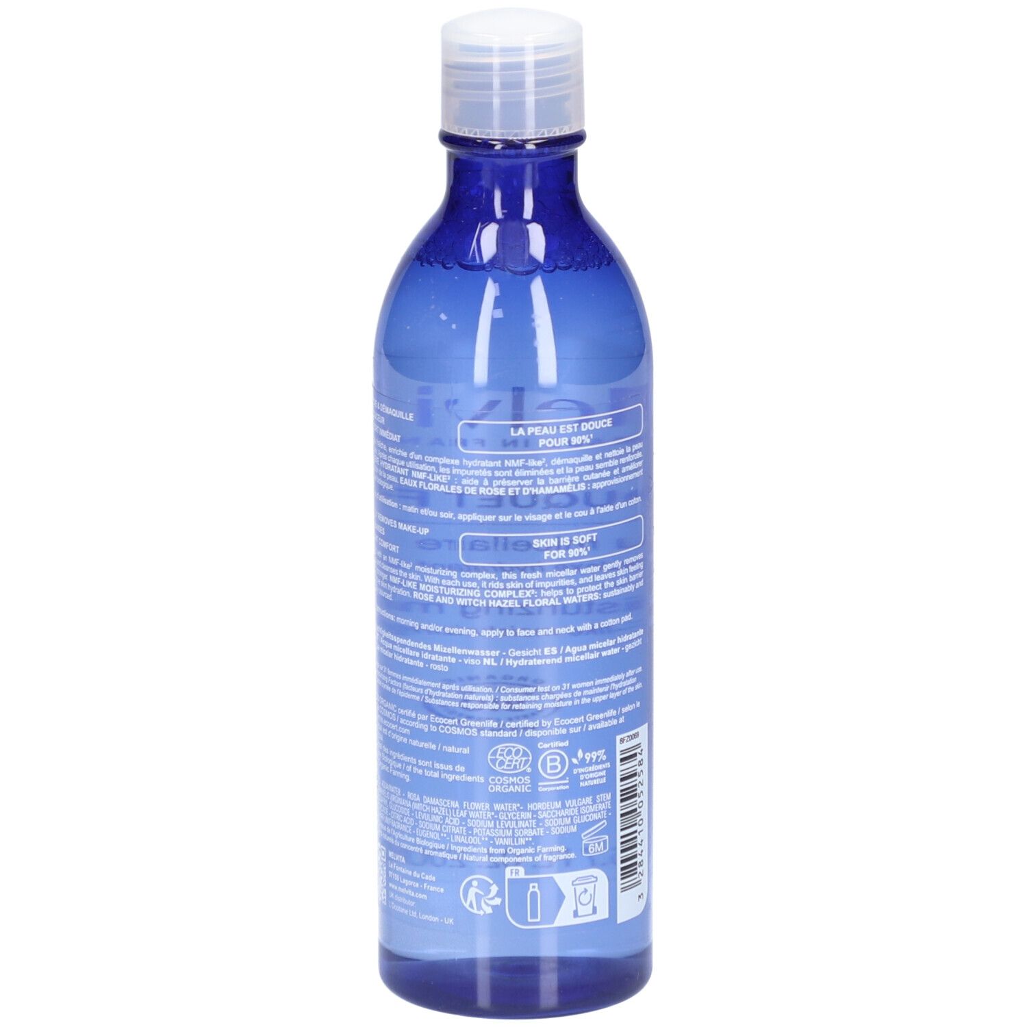 Flacon bleu avec bouchon blanc. Dos avec texte et label bio. Nom du produit non visible.