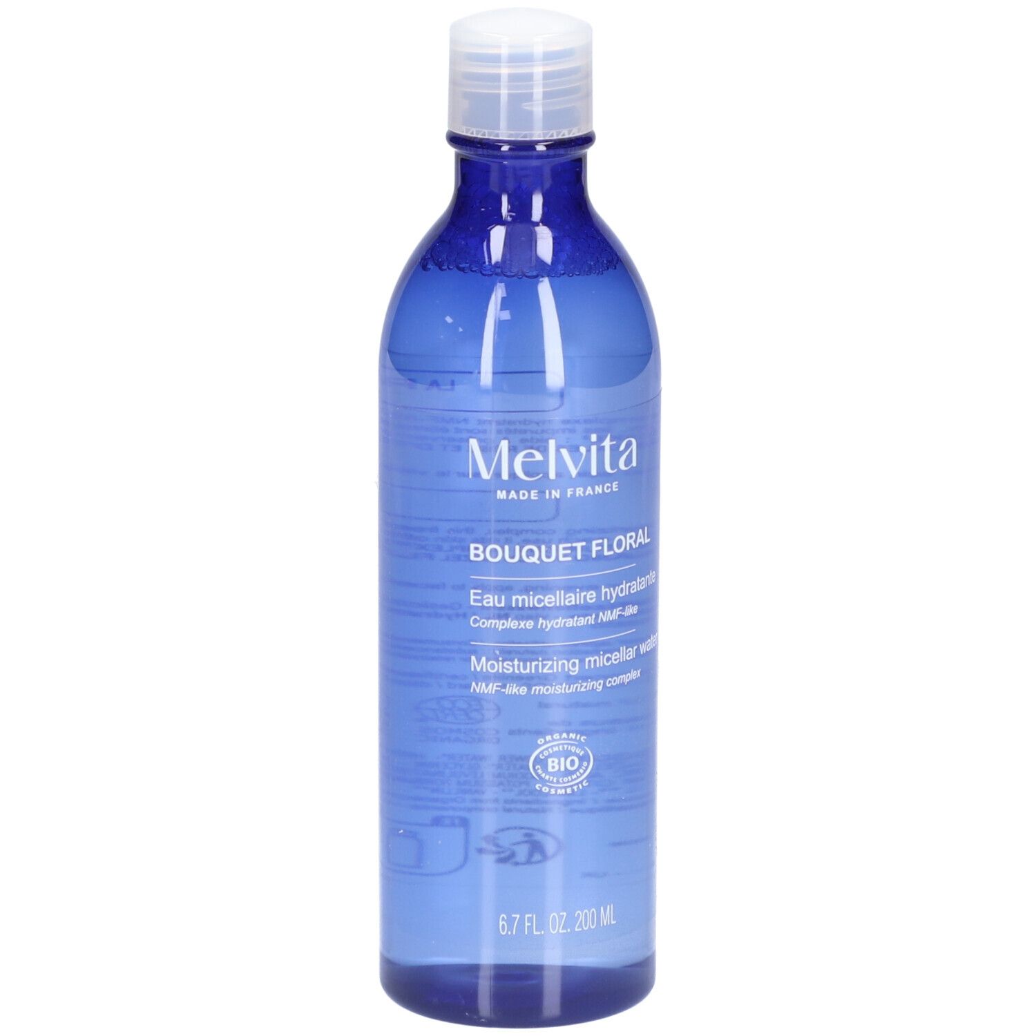 Flacon bleu avec bouchon blanc. Inscription: MELVITA, Bouquet Floral, Eau micellaire hydratante, Moisturizing micellar water. Label bio.