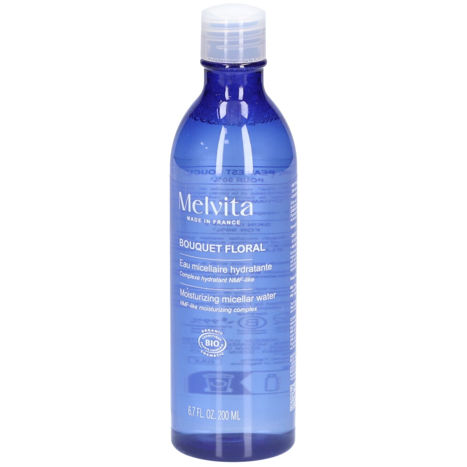 Flacon bleu avec bouchon blanc. Inscription: MELVITA, Bouquet Floral, Eau micellaire hydratante, Moisturizing micellar water. Label bio.