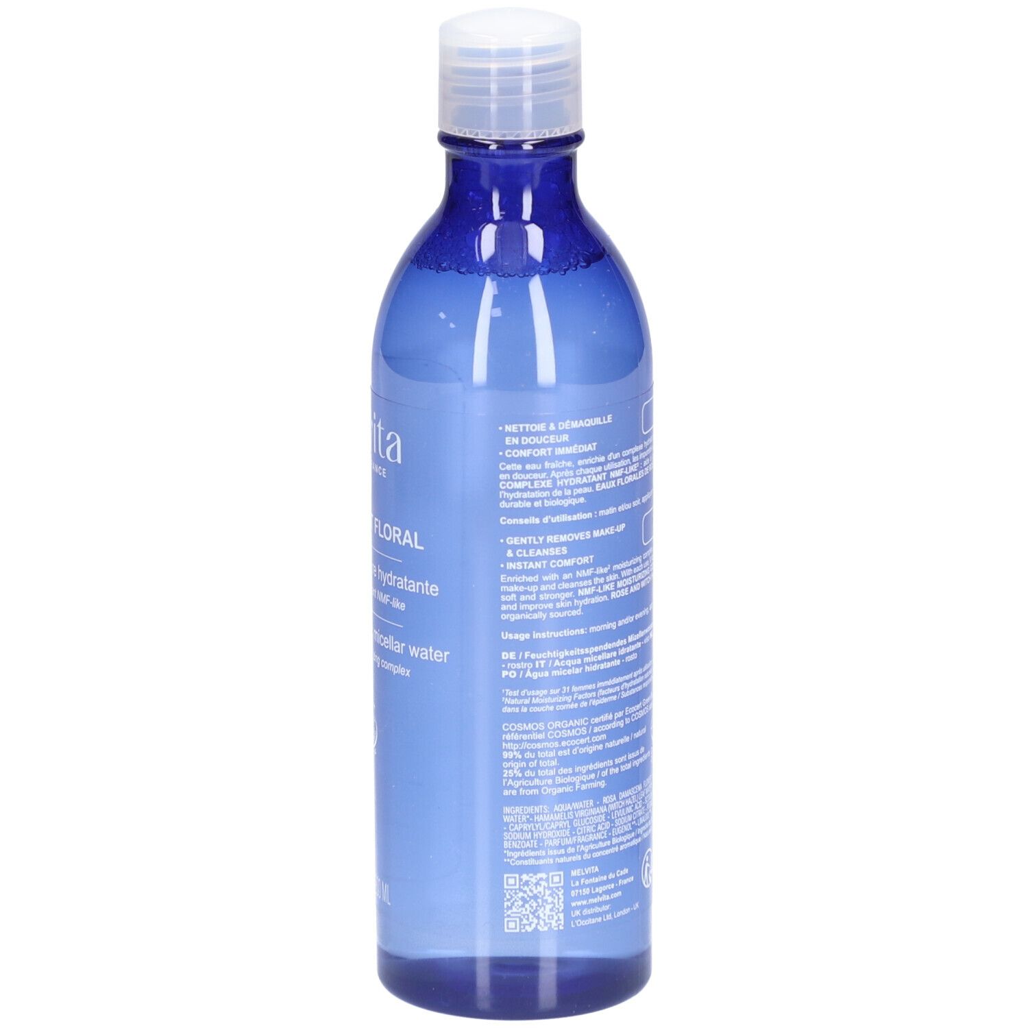 Flacon bleu avec bouchon blanc. Dos avec texte. Nom du produit non visible.