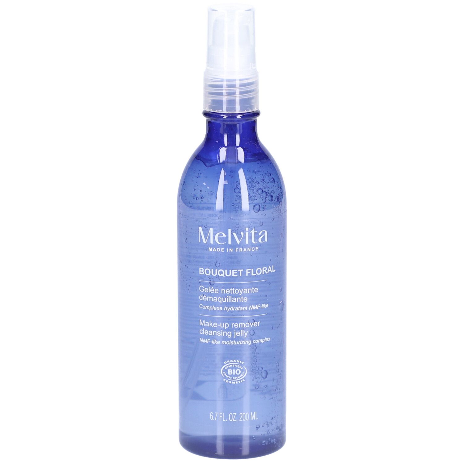 Flacon bleu avec vaporisateur. Inscription: MELVITA, Bouquet Floral, Gelée nettoyante démaquillante, Make-up remover cleansing jelly.
