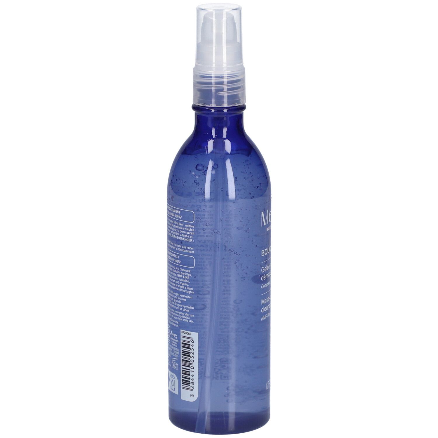 Flacon bleu avec vaporisateur. Dos avec texte. Inscription: MELVITA, Bouquet Floral, Gelée nettoyante démaquillante, Make-up remover cleansing jelly.