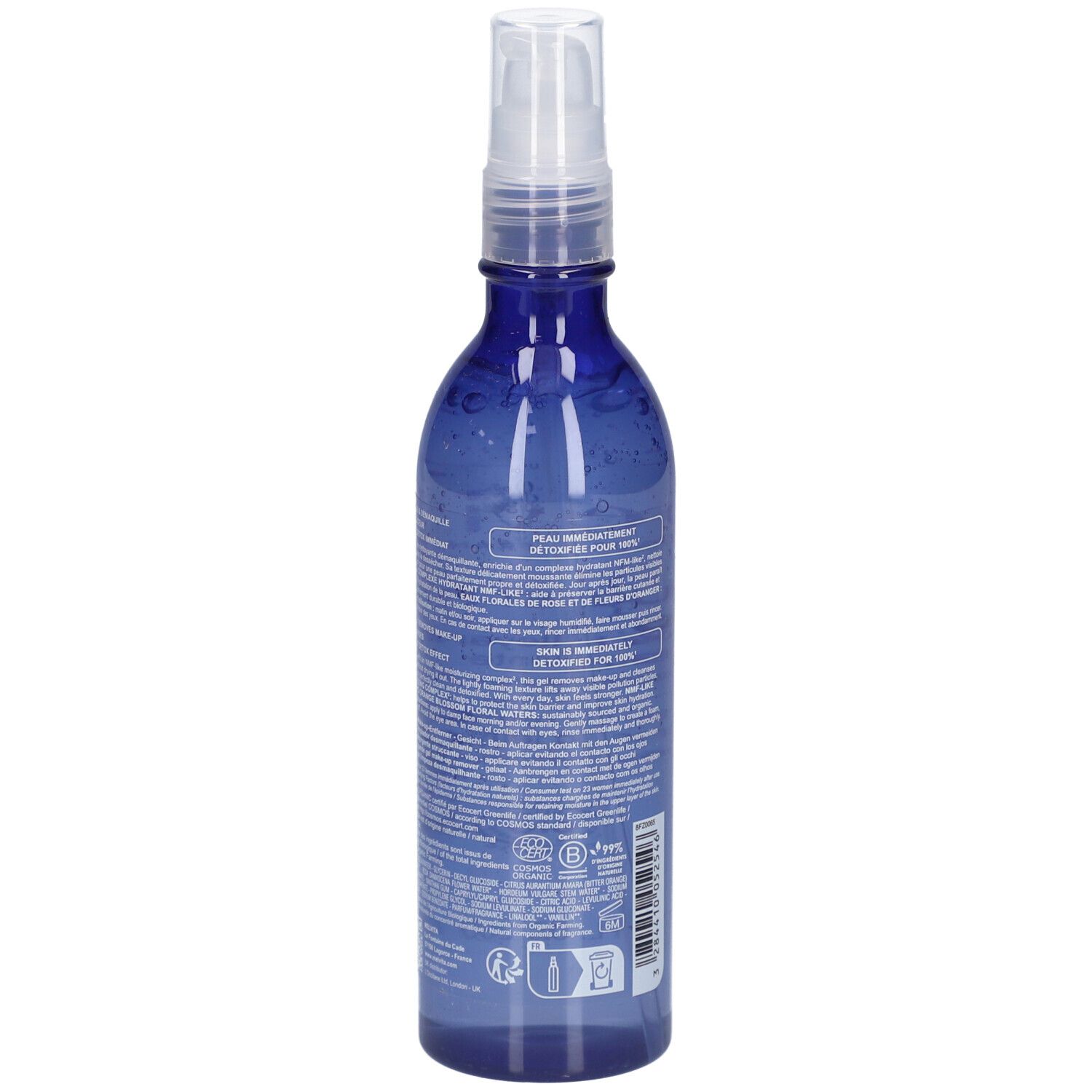 Flacon bleu avec vaporisateur. Dos avec texte. Inscription: MELVITA, Bouquet Floral, Gelée nettoyante démaquillante, Make-up remover cleansing jelly.