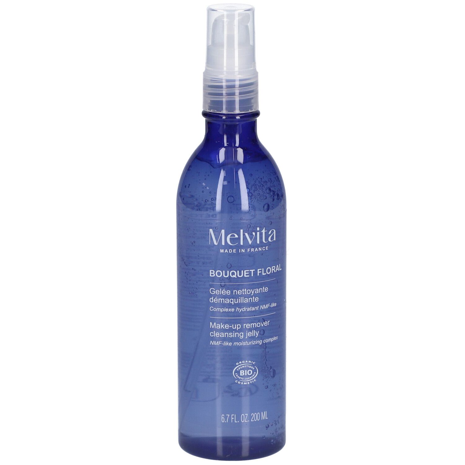 Flacon bleu avec vaporisateur. Inscription: MELVITA, Bouquet Floral, Gelée nettoyante démaquillante, Make-up remover cleansing jelly.