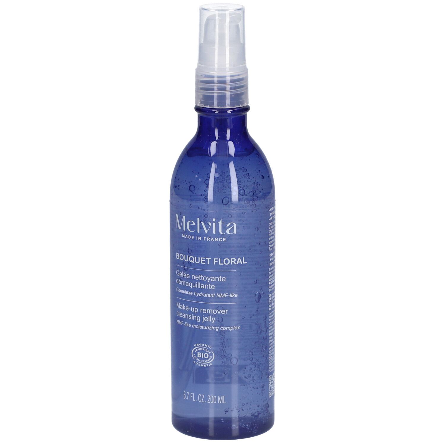 Flacon bleu avec vaporisateur. Inscription: MELVITA, Bouquet Floral, Gelée nettoyante démaquillante, Make-up remover cleansing jelly.