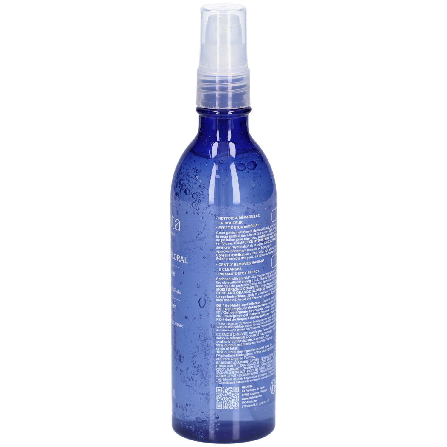 Flacon bleu avec vaporisateur. Dos avec texte. Inscription: MELVITA, Bouquet Floral, Gelée nettoyante démaquillante, Make-up remover cleansing jelly.