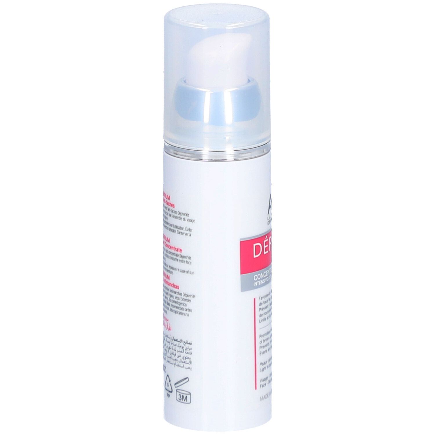 Weißes Serum mit Pumpkopf. Rückseite mit Text. Aufschrift: Dépiwhite Sérum, 30ml.