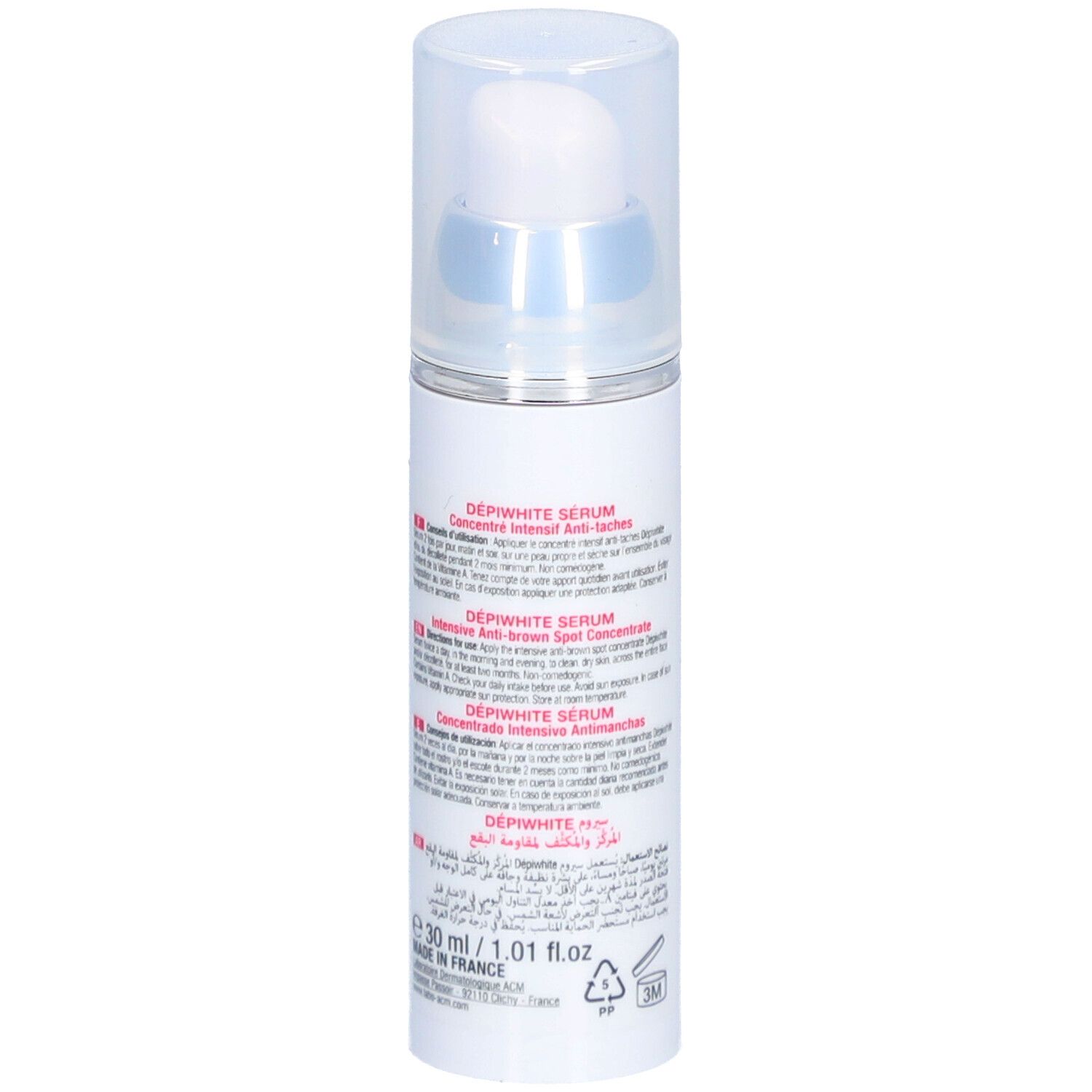 Weißes Serum mit Pumpkopf. Rückseite mit Text. Aufschrift: Dépiwhite Sérum, 30ml.