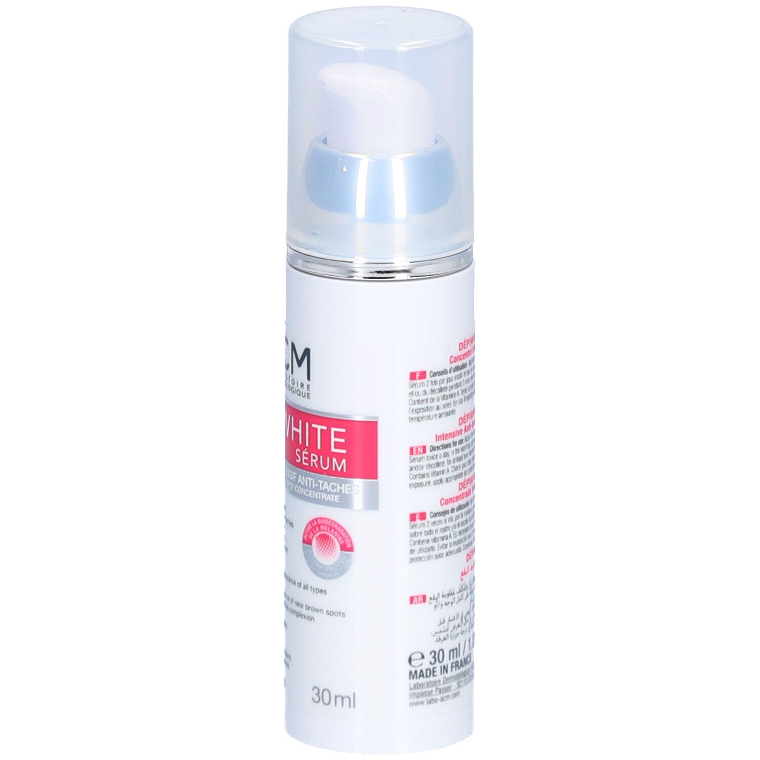 Weißes Serum mit Pumpkopf. Aufschrift: Dépiwhite Sérum, Anti-Tâches. 30ml.