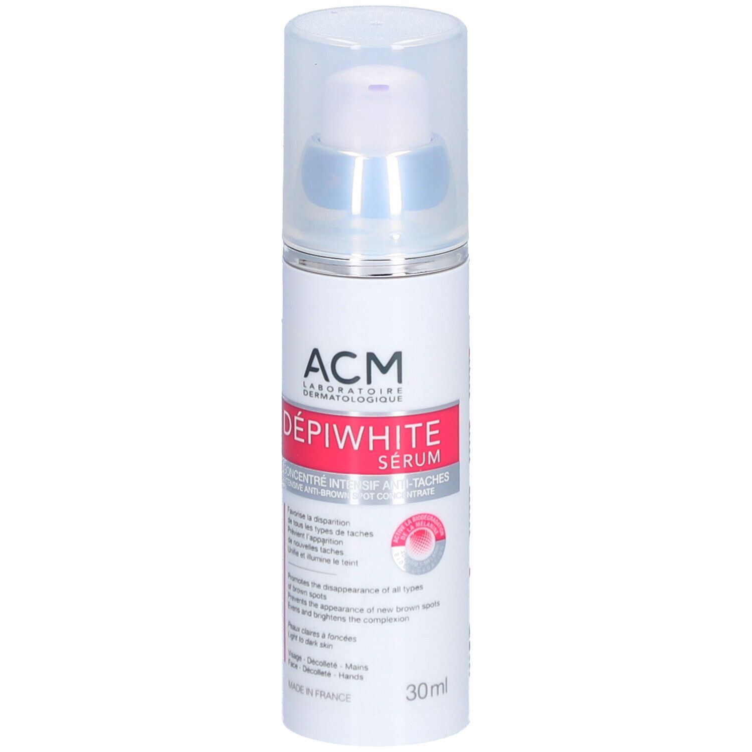 Weißes Serum mit Pumpkopf. Aufschrift: ACM Dépiwhite Sérum, Anti-Tâches. 30ml.