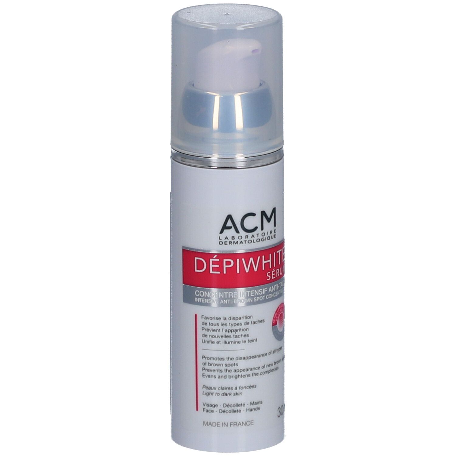 Weißes Serum mit Pumpkopf. Aufschrift: ACM Dépiwhite Sérum, Anti-Tâches. 30ml.