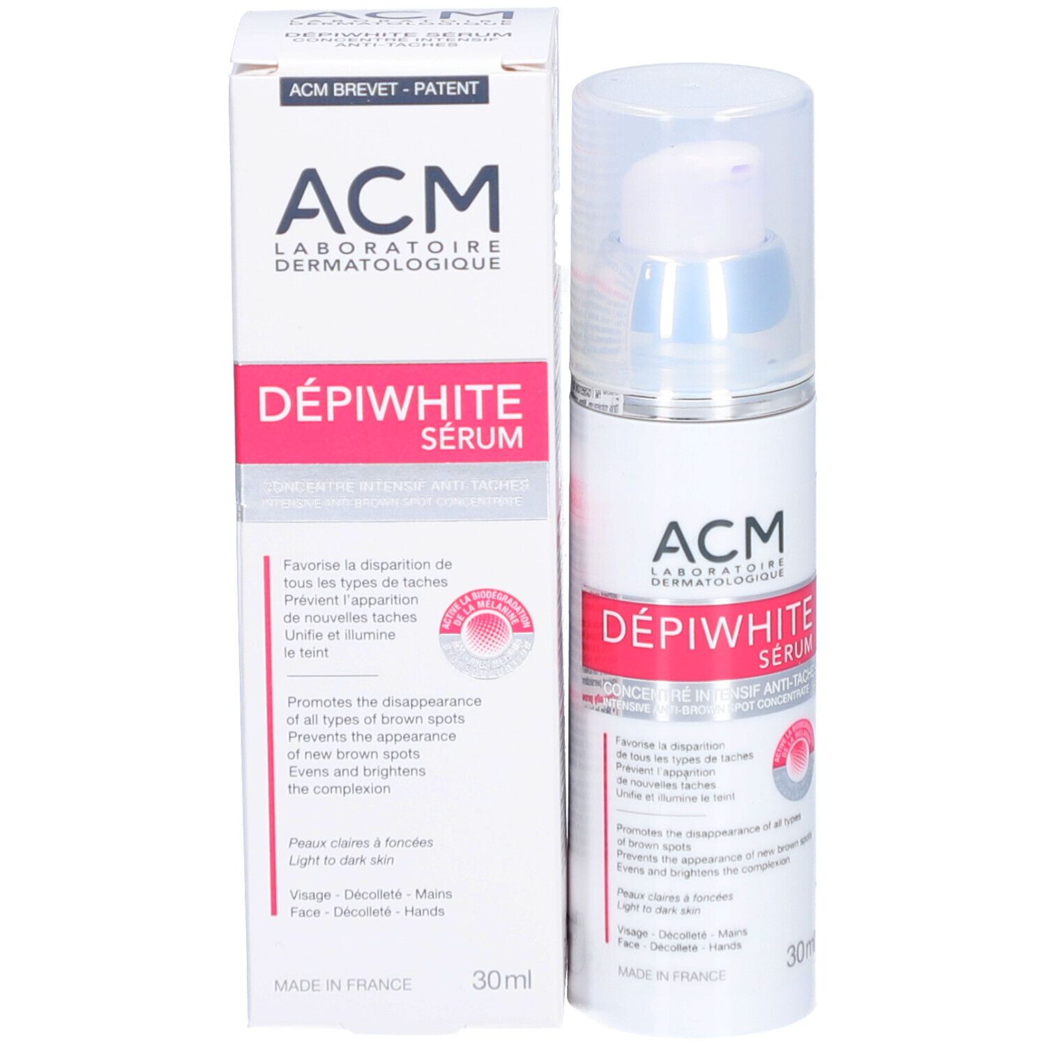 Serumflasche und Verpackung. Aufschrift: ACM Dépiwhite Sérum, Anti-Tâches. 30ml.