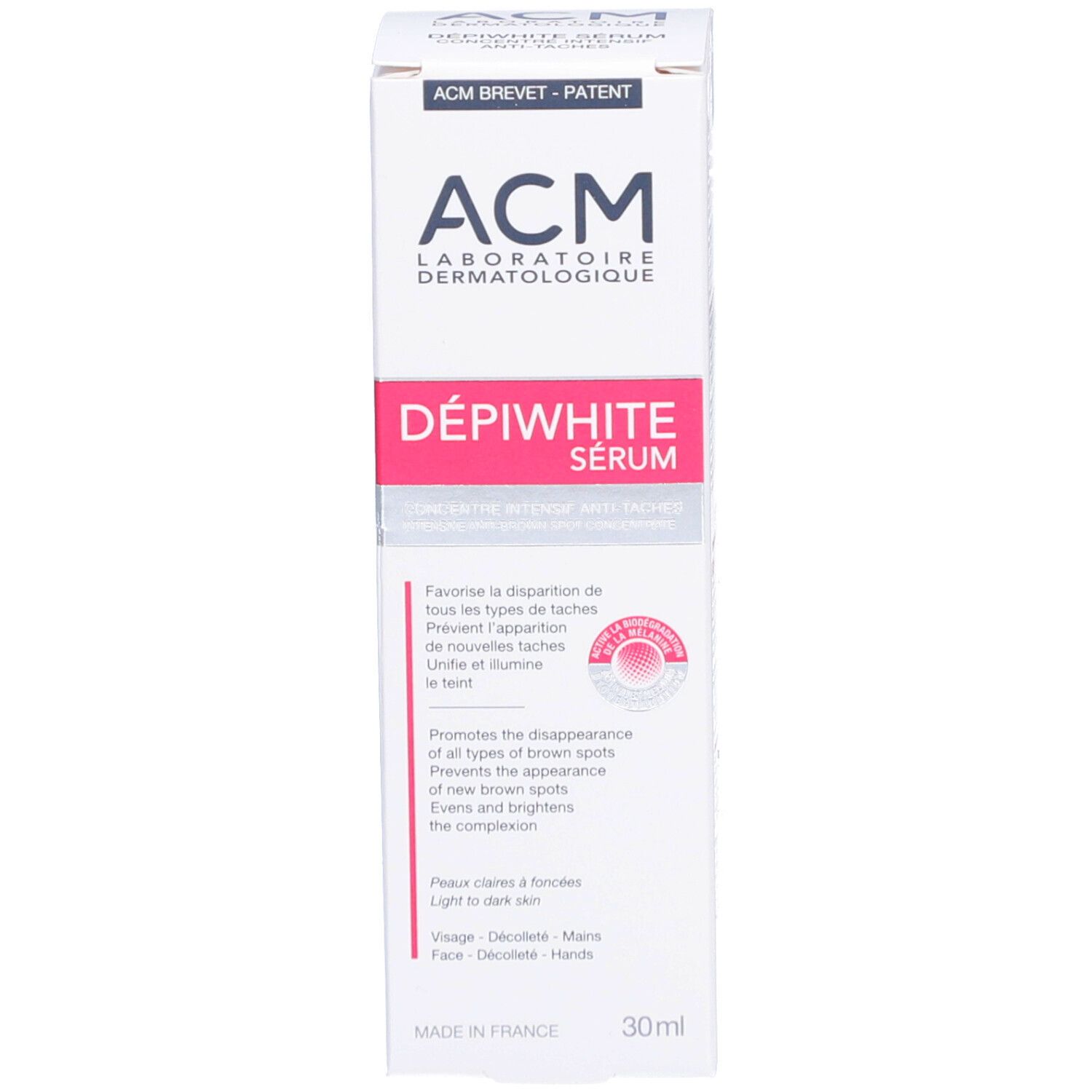 Verpackung mit Aufschrift: ACM Dépiwhite Sérum, Anti-Tâches. 30ml.