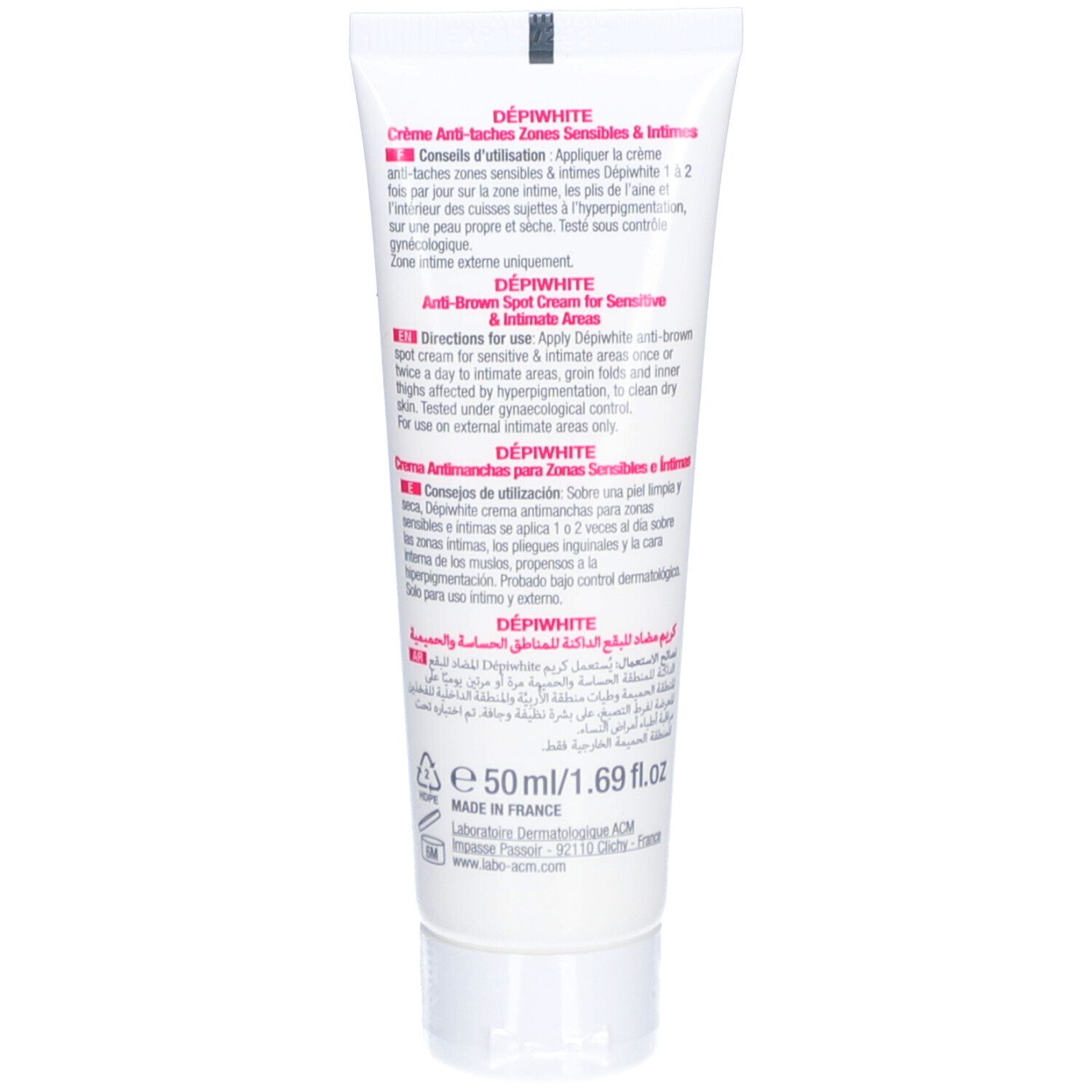 Rückseite der Creme-Tube. Text in mehreren Sprachen. Enthält Informationen zur Anwendung und Inhaltsstoffe.