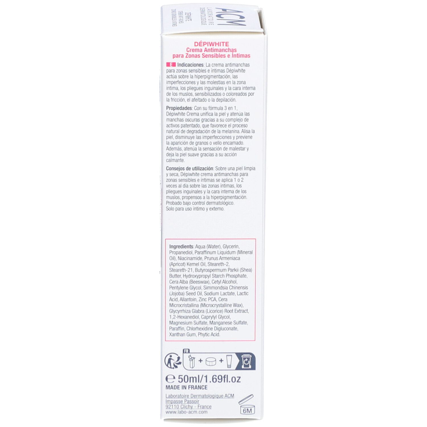 Produktverpackung. Enthält Informationen zu Inhaltsstoffen und Anwendung. Text in mehreren Sprachen.
