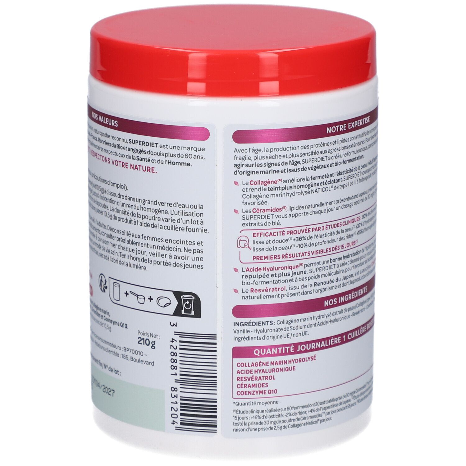 Dos du pot blanc, couvercle rouge. Informations sur les ingrédients et l'utilisation du produit.