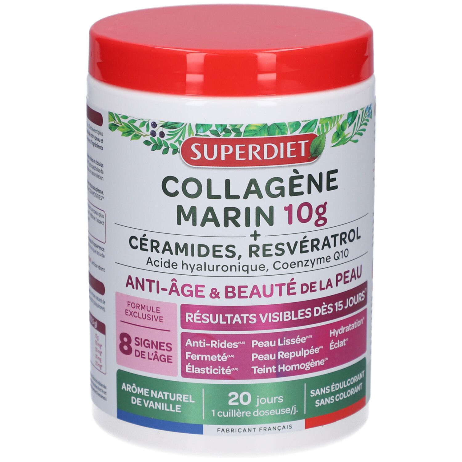 Pot blanc, couvercle rouge. Inscription Superdiet Collagène Marin 10g. Anti-âge & beauté de la peau. Ingrédients et informations.