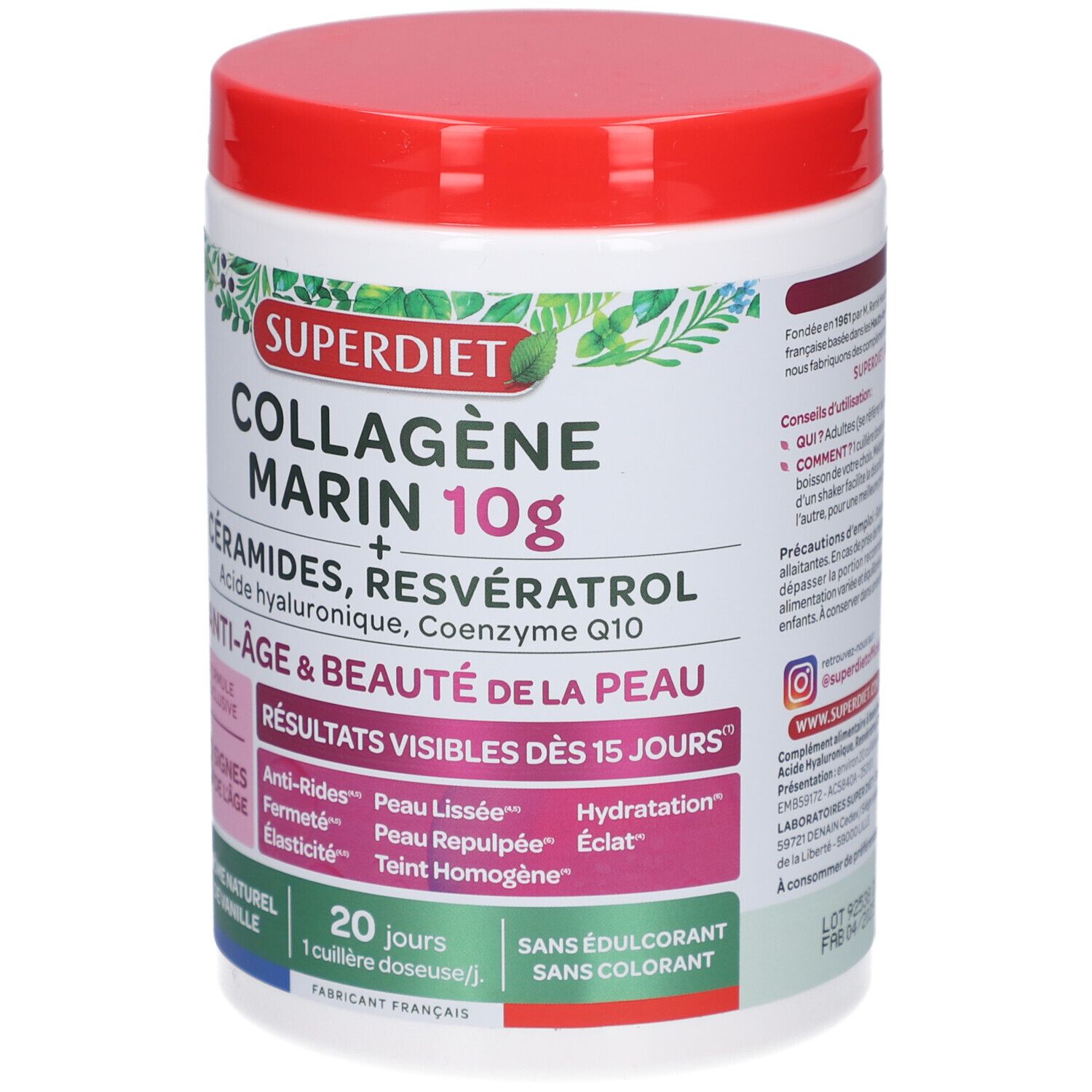 Pot blanc, couvercle rouge. Inscription Superdiet Collagène Marin 10g. Anti-âge & beauté de la peau. Ingrédients et informations.