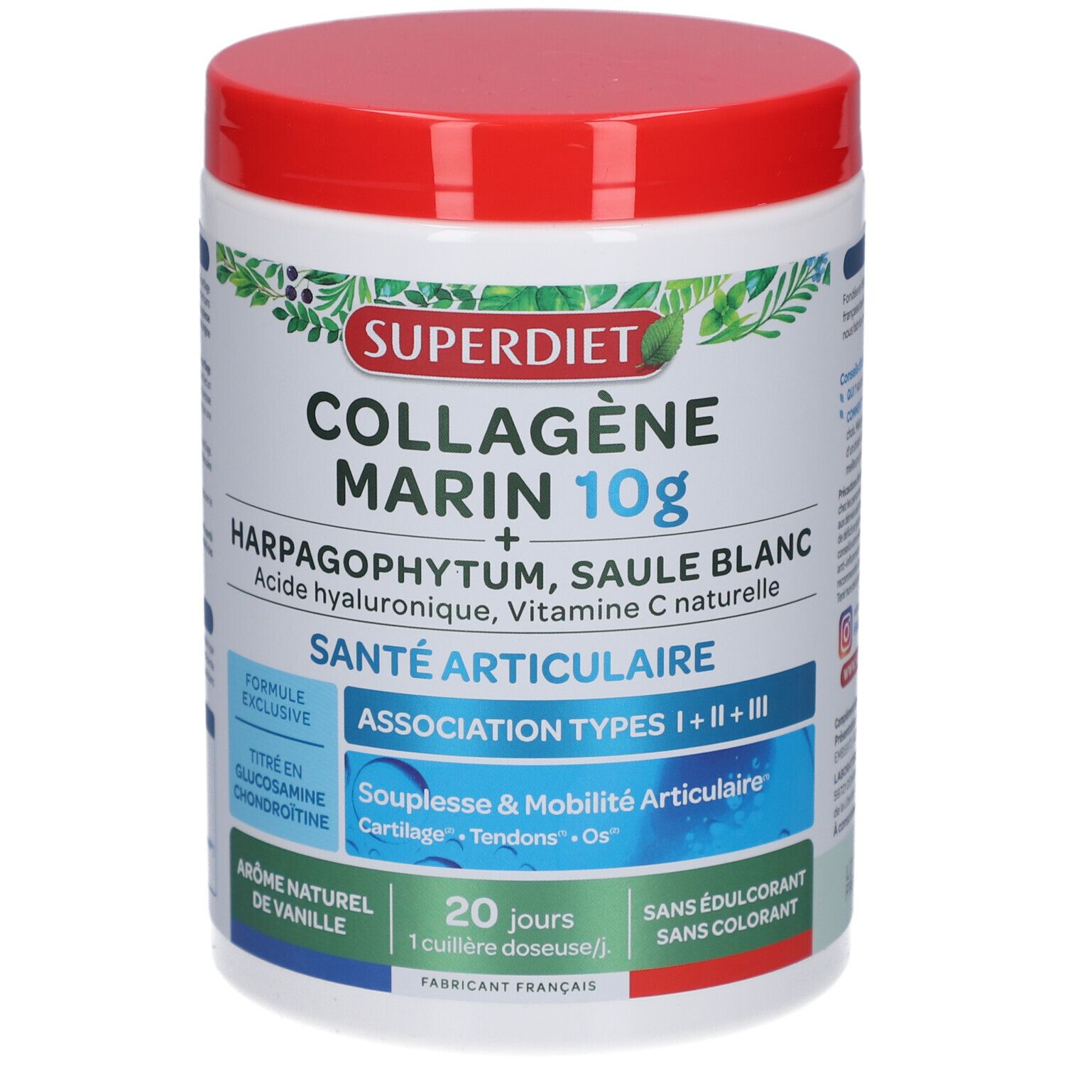 Pot blanc, couvercle rouge. Inscription: Superdiet Collagène Marin 10g. Santé articulaire. Contient des ingrédients.
