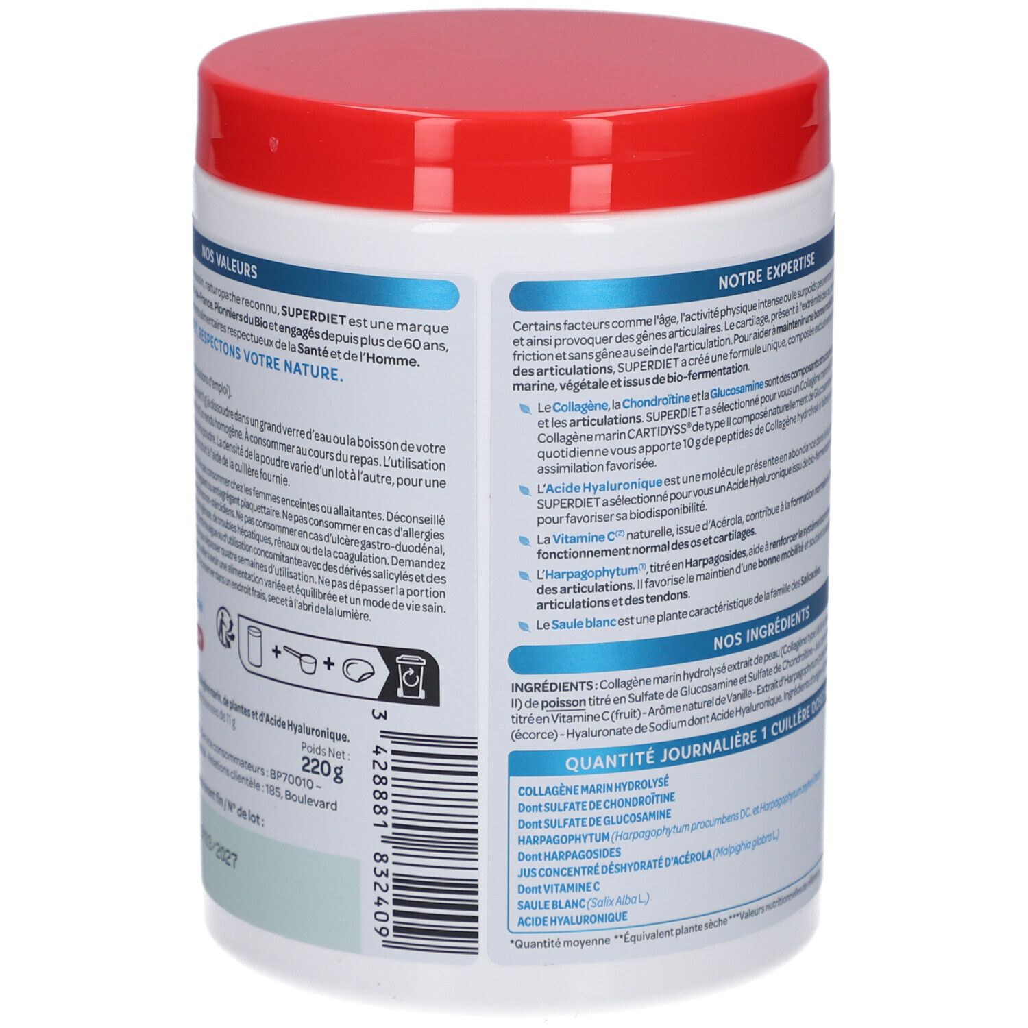Dos du pot blanc, couvercle rouge. Ingrédients et informations nutritionnelles.