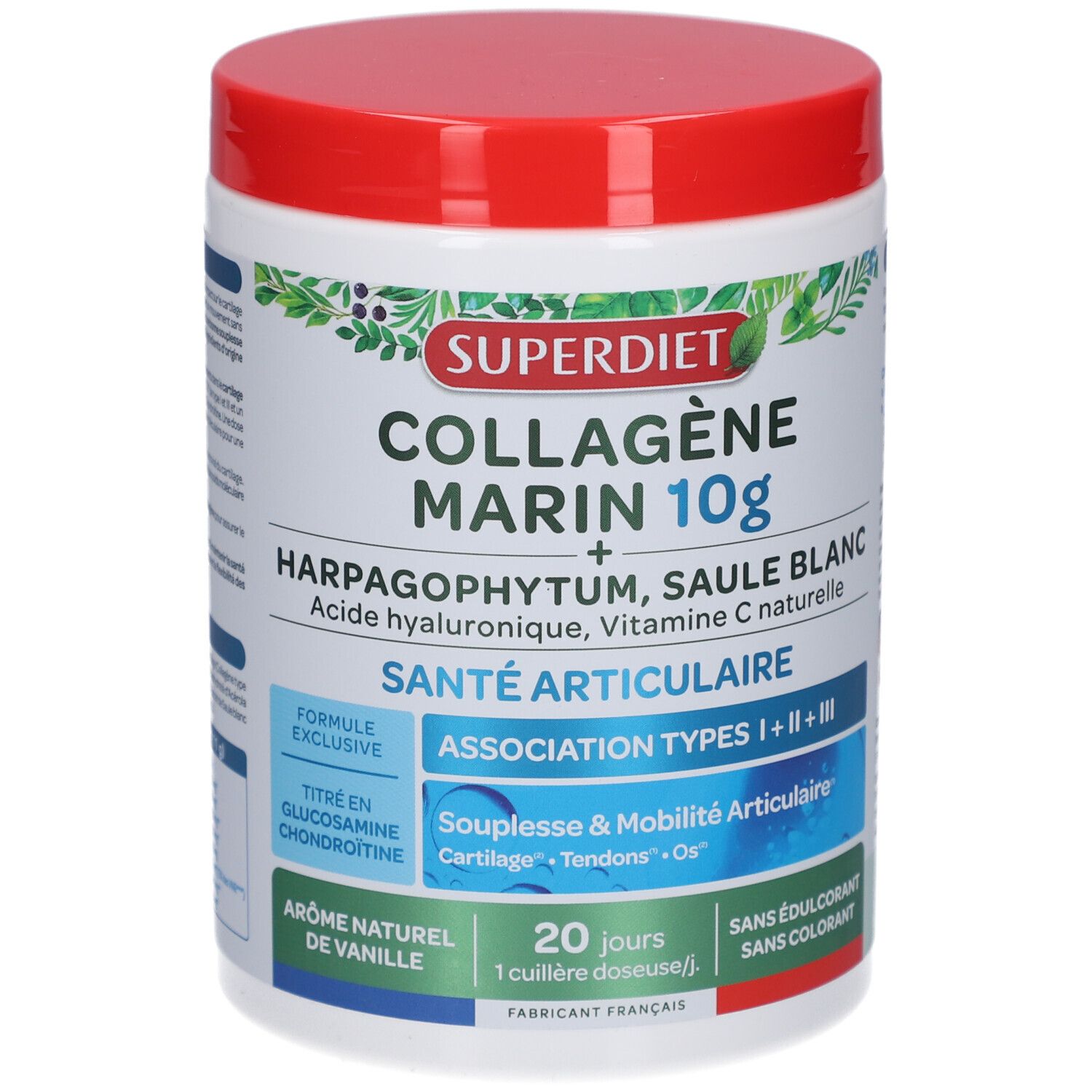 Pot blanc, couvercle rouge. Inscription: Superdiet Collagène Marin 10g. Santé articulaire. Ingrédients.