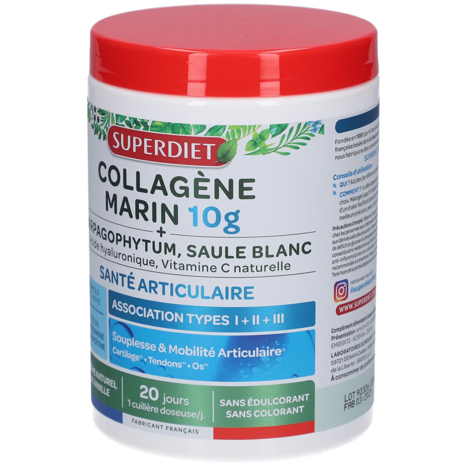 Pot blanc, couvercle rouge. Inscription: Superdiet Collagène Marin 10g. Santé articulaire. Ingrédients.