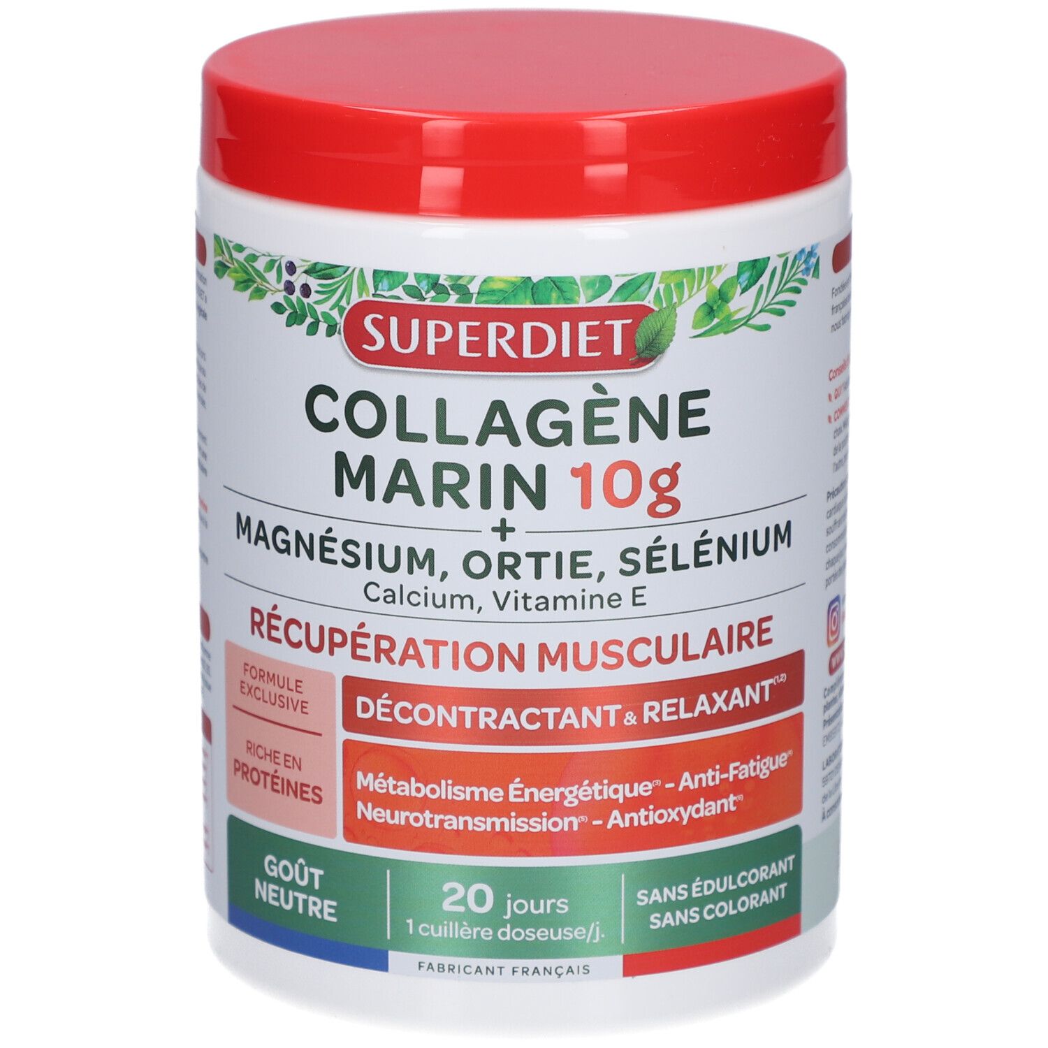 Pot blanc, couvercle rouge. Inscription: Superdiet Collagène Marin 10g. Contient magnésium, ortie, sélénium. Récupération musculaire.