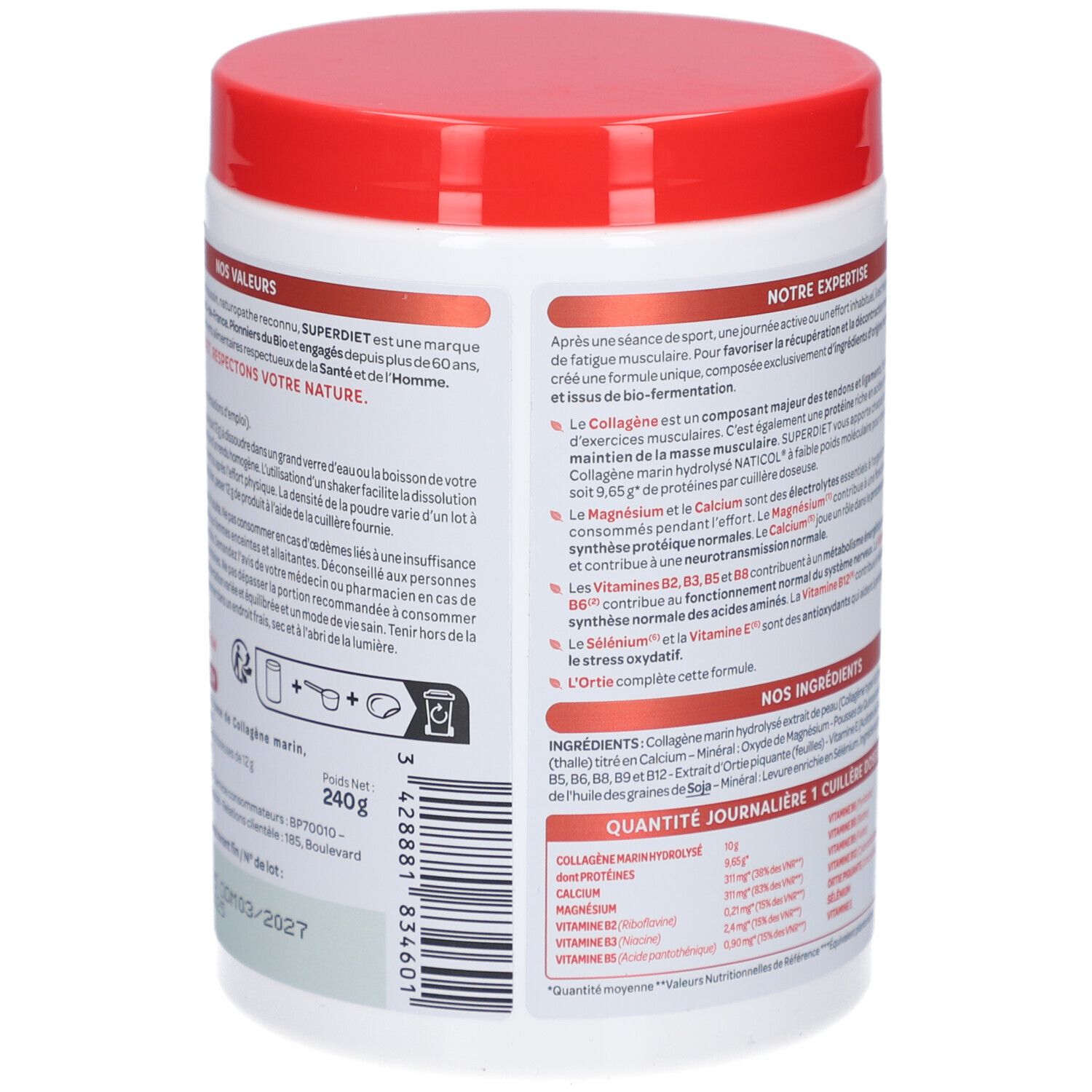 Pot blanc, couvercle rouge. Dos avec texte. Informations sur les ingrédients, l'utilisation et les valeurs nutritionnelles.
