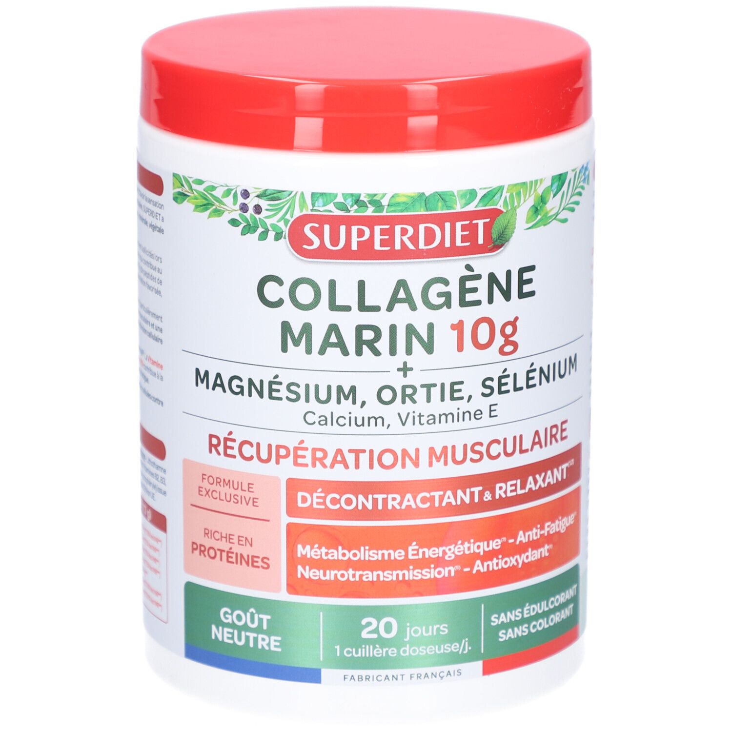 Pot blanc, couvercle rouge. Inscription: Superdiet Collagène Marin 10g. Contient magnésium, ortie, sélénium. Récupération musculaire.