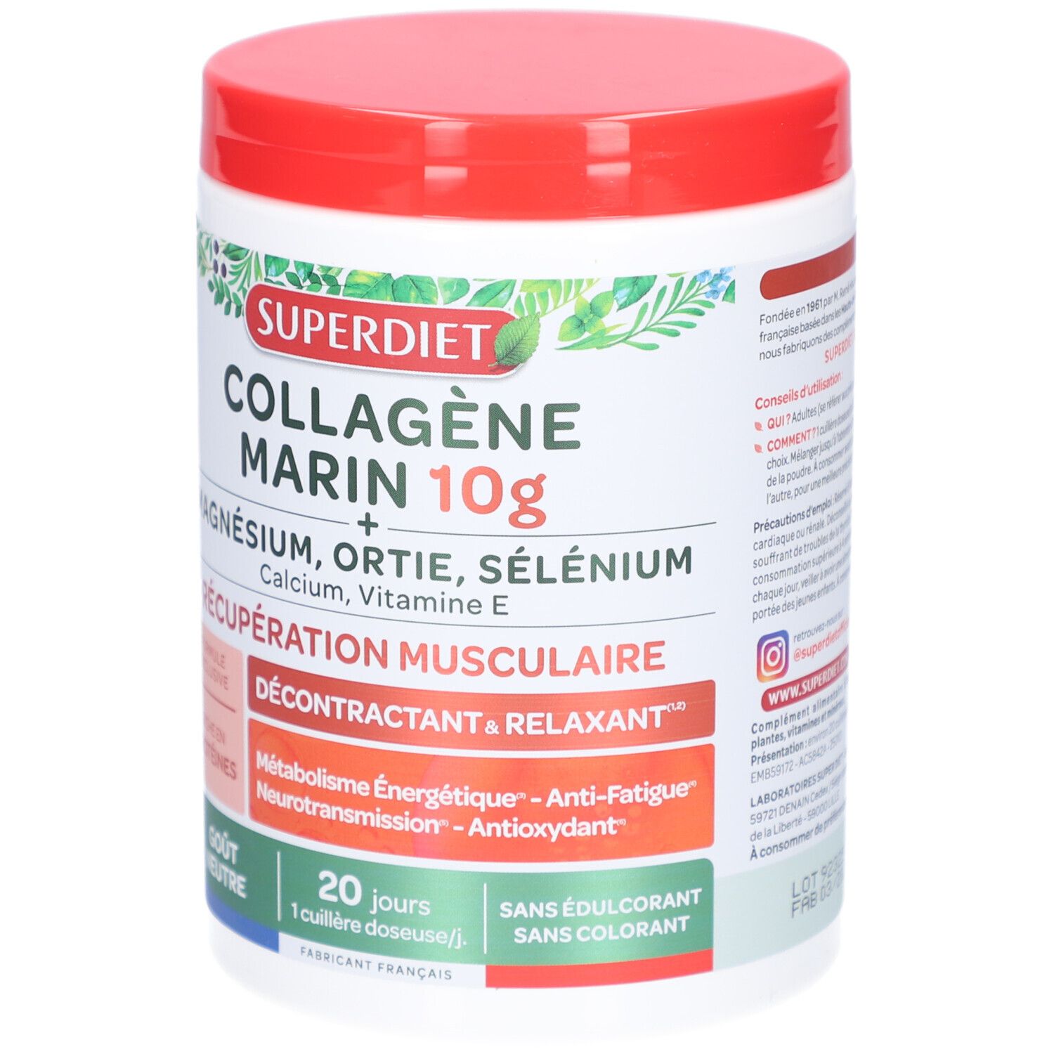 Pot blanc, couvercle rouge. Inscription: Superdiet Collagène Marin 10g. Contient magnésium, ortie, sélénium. Récupération musculaire.