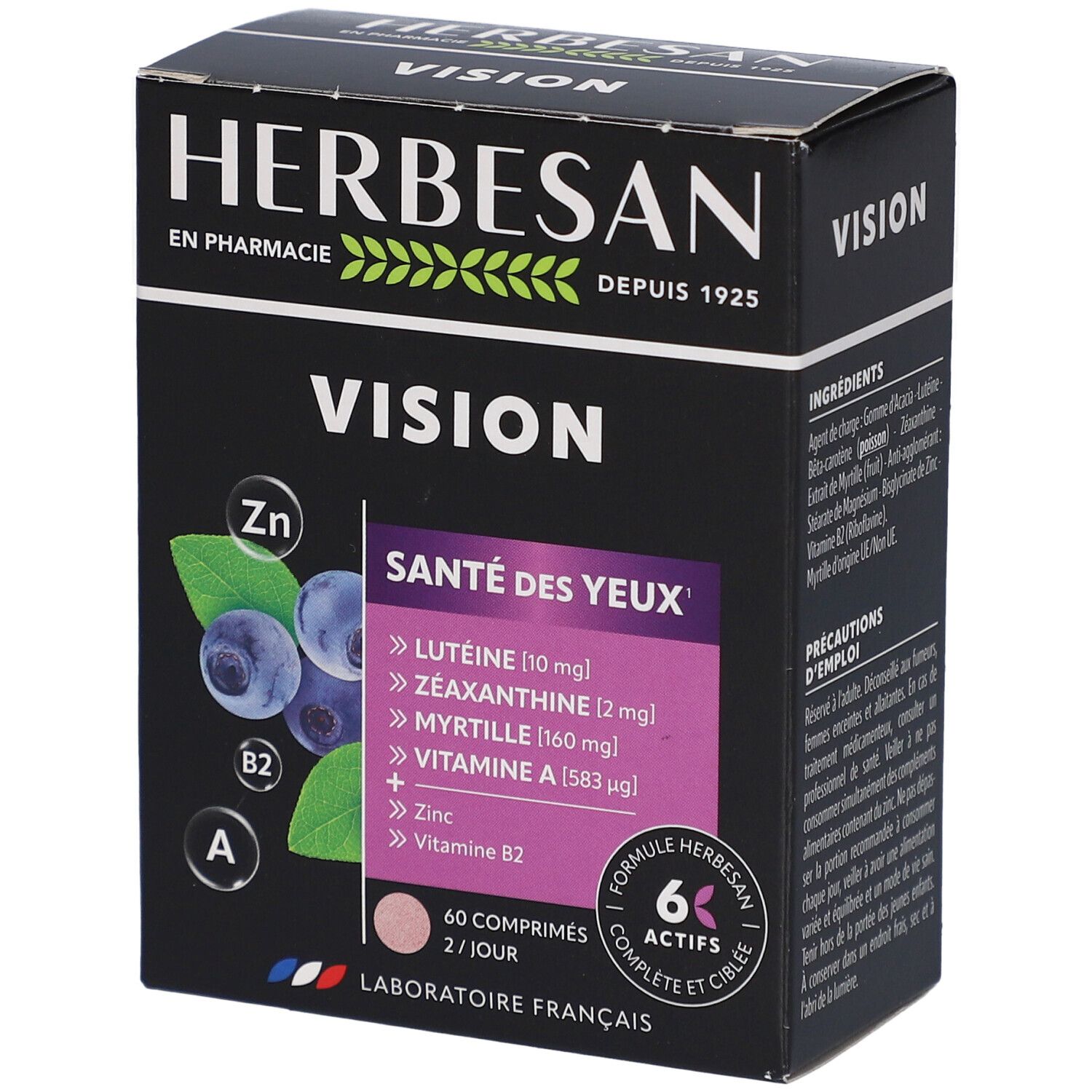 Boîte noire Herbesan Vision. Inscription: Vision, Santé des yeux. Contient lutéine, zéaxanthine, myrtille, vitamine A, zinc, vitamine B2. 60 comprimés.