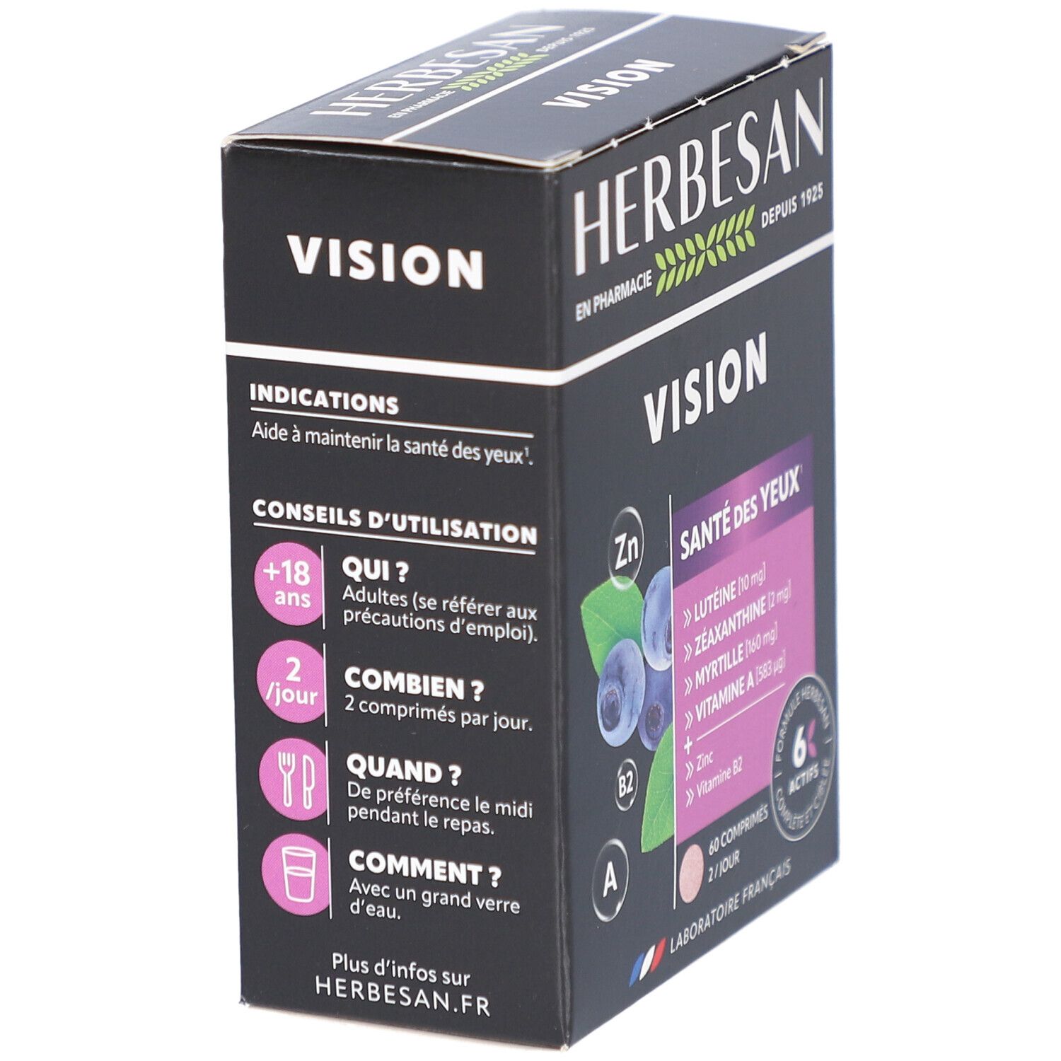 Boîte Herbesan Vision, noire. Inscription: Vision, Santé des yeux. Contient lutéine, zéaxanthine, myrtille, vitamine A, zinc, vitamine B2. 60 comprimés.