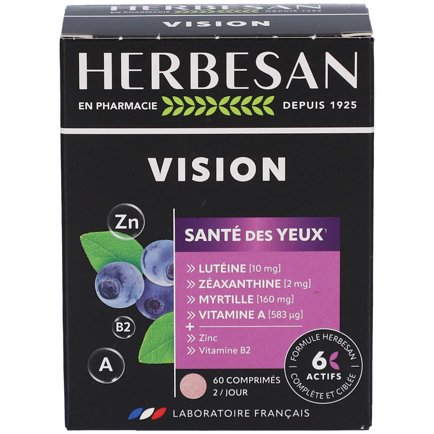 Boîte noire Herbesan Vision. Inscription: Vision, Santé des yeux. Contient lutéine, zéaxanthine, myrtille, vitamine A, zinc, vitamine B2. 60 comprimés.