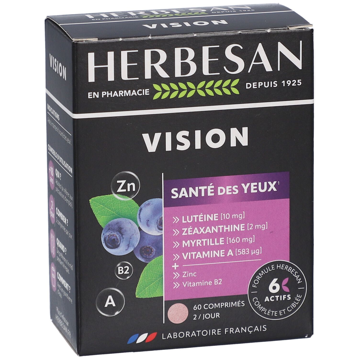 Boîte noire Herbesan Vision. Inscription: Vision, Santé des yeux. Contient lutéine, zéaxanthine, myrtille, vitamine A, zinc, vitamine B2. 60 comprimés.