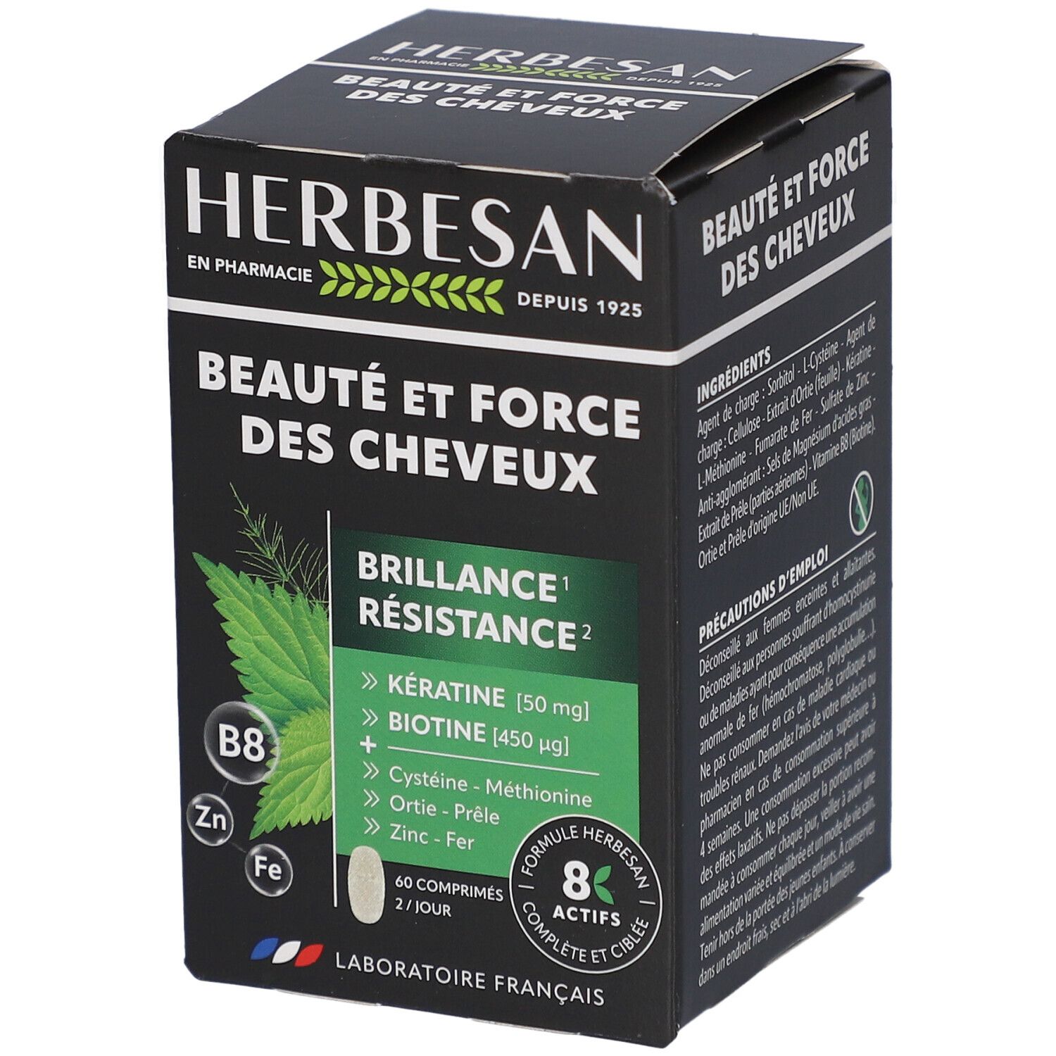 Boîte Herbesan Beauté et Force des Cheveux. Emballage noir avec détails verts et informations sur le produit.
