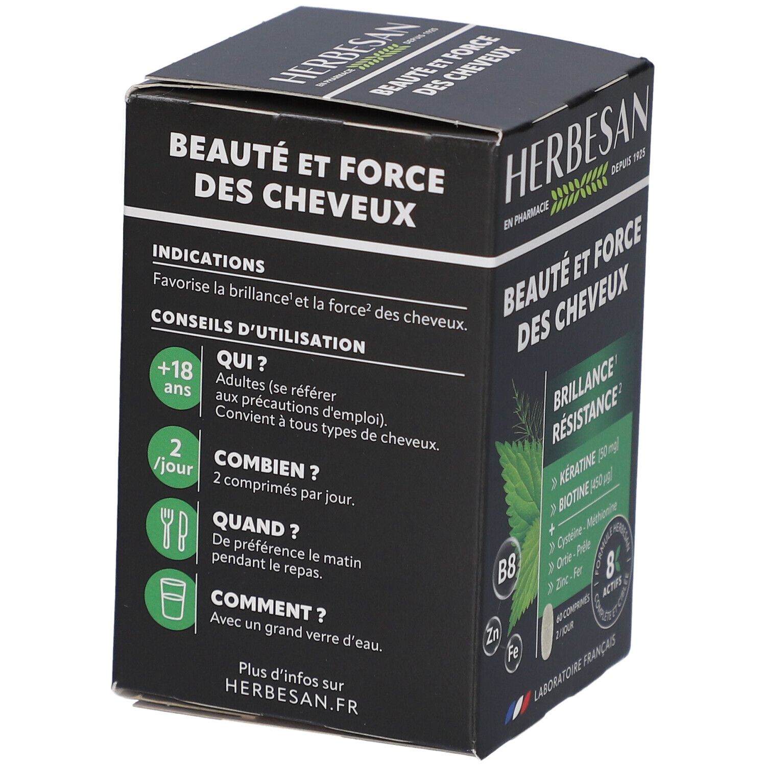 Boîte Herbesan Beauté et Force des Cheveux. Dos avec conseils d'utilisation et posologie.