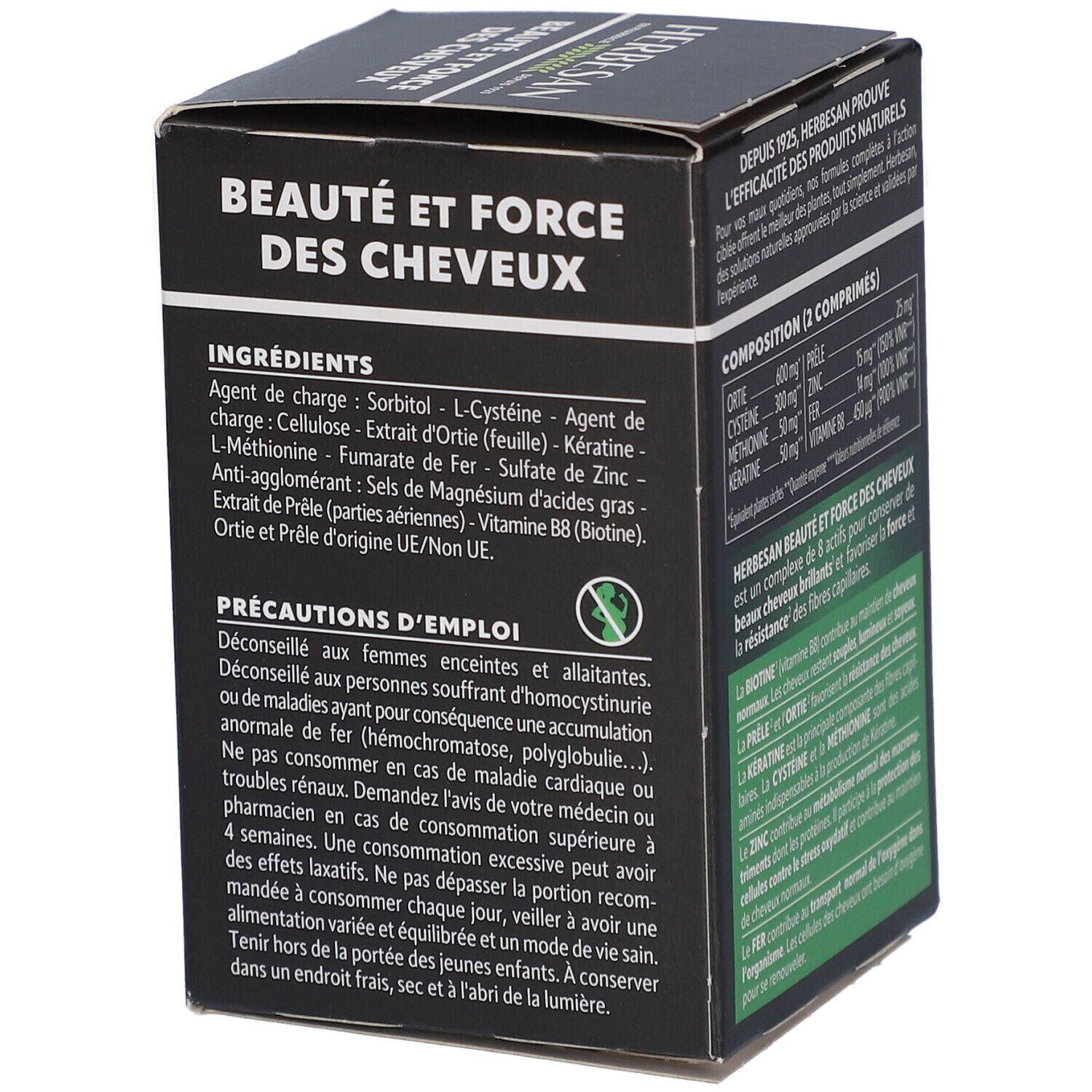 Dos de la boîte Herbesan Beauté et Force des Cheveux. Précautions d'emploi et ingrédients.