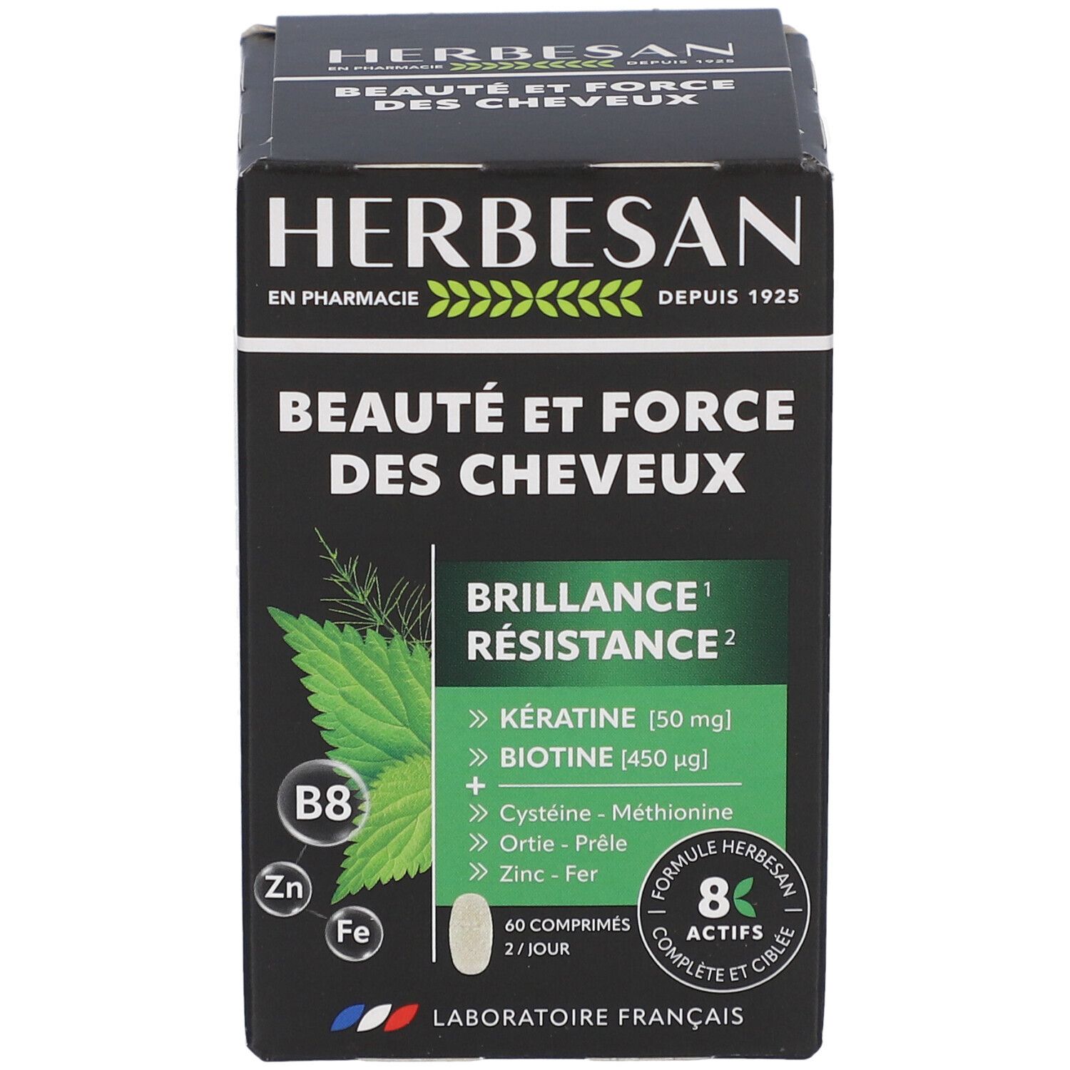 Boîte Herbesan Beauté et Force des Cheveux. Emballage noir avec détails verts et informations produit.