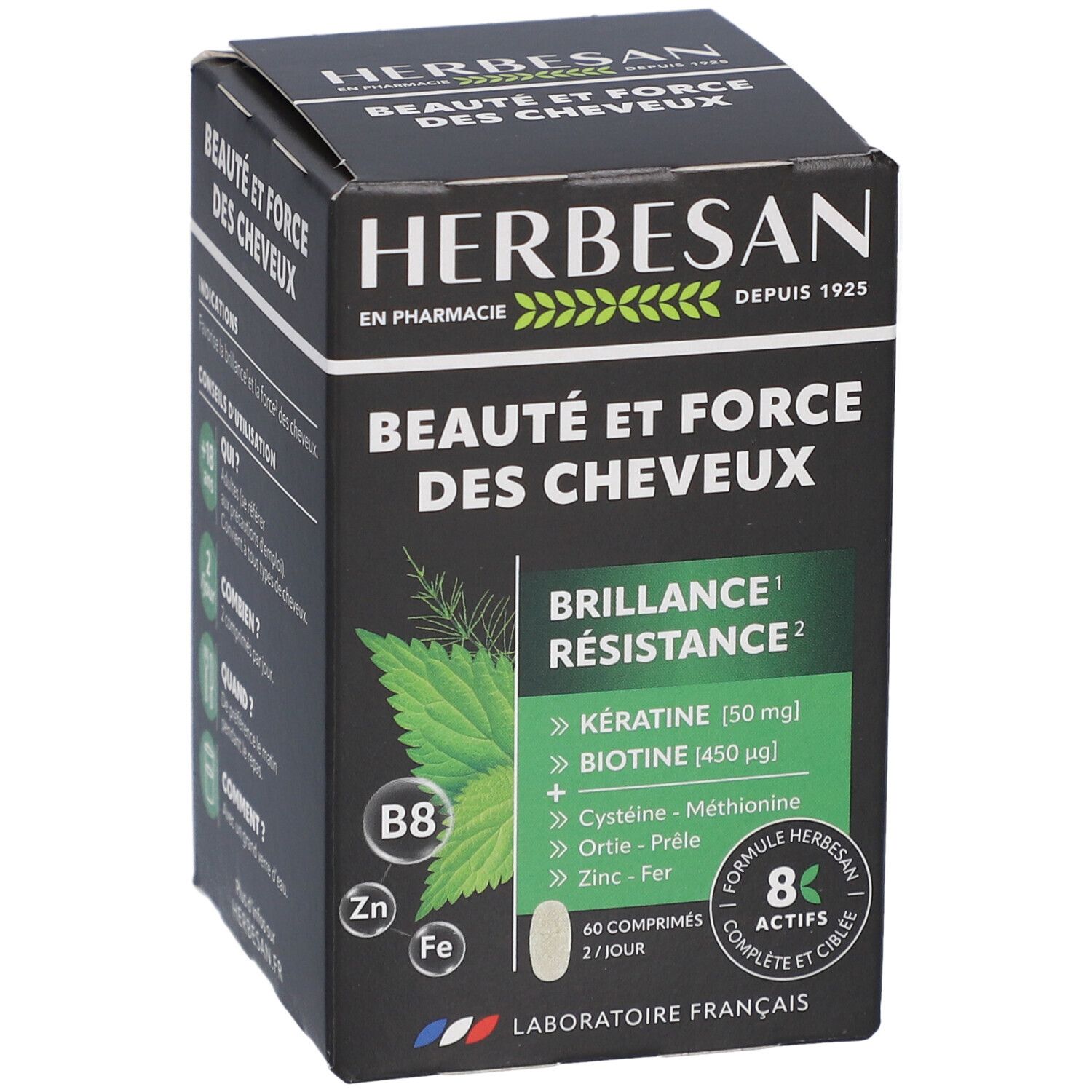 Boîte Herbesan Beauté et Force des Cheveux. Emballage noir avec détails verts et informations produit.