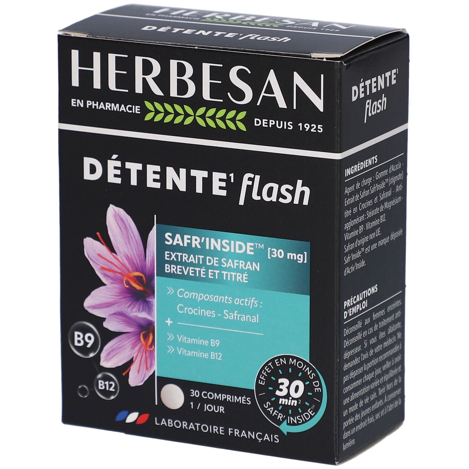 Boîte Herbesan Détente Flash. Contient du safran et des vitamines B9 et B12. Emballage noir avec nom et logo du produit.