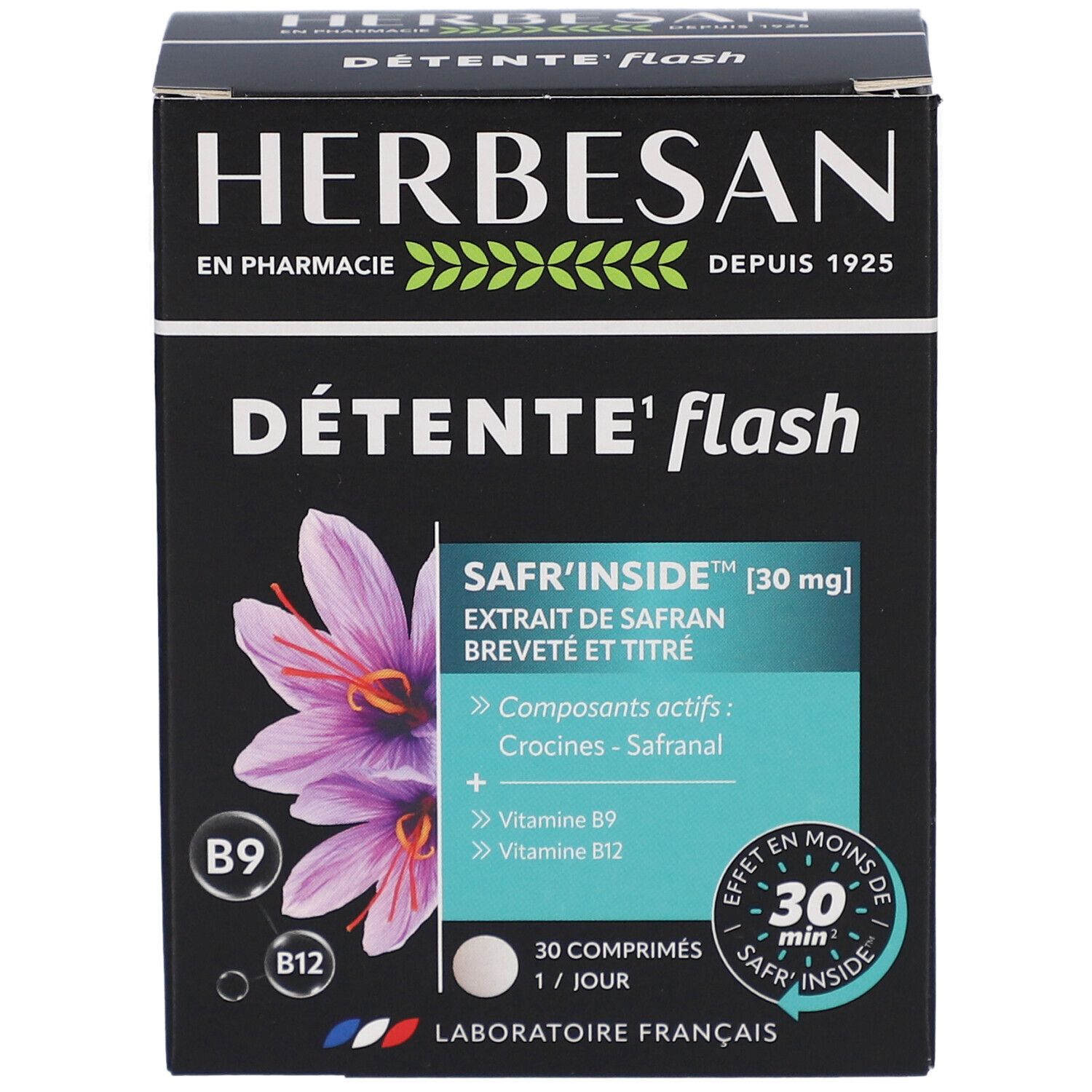 Boîte Herbesan Détente Flash. Emballage noir avec nom du produit, extrait de safran et vitamines B9 et B12.