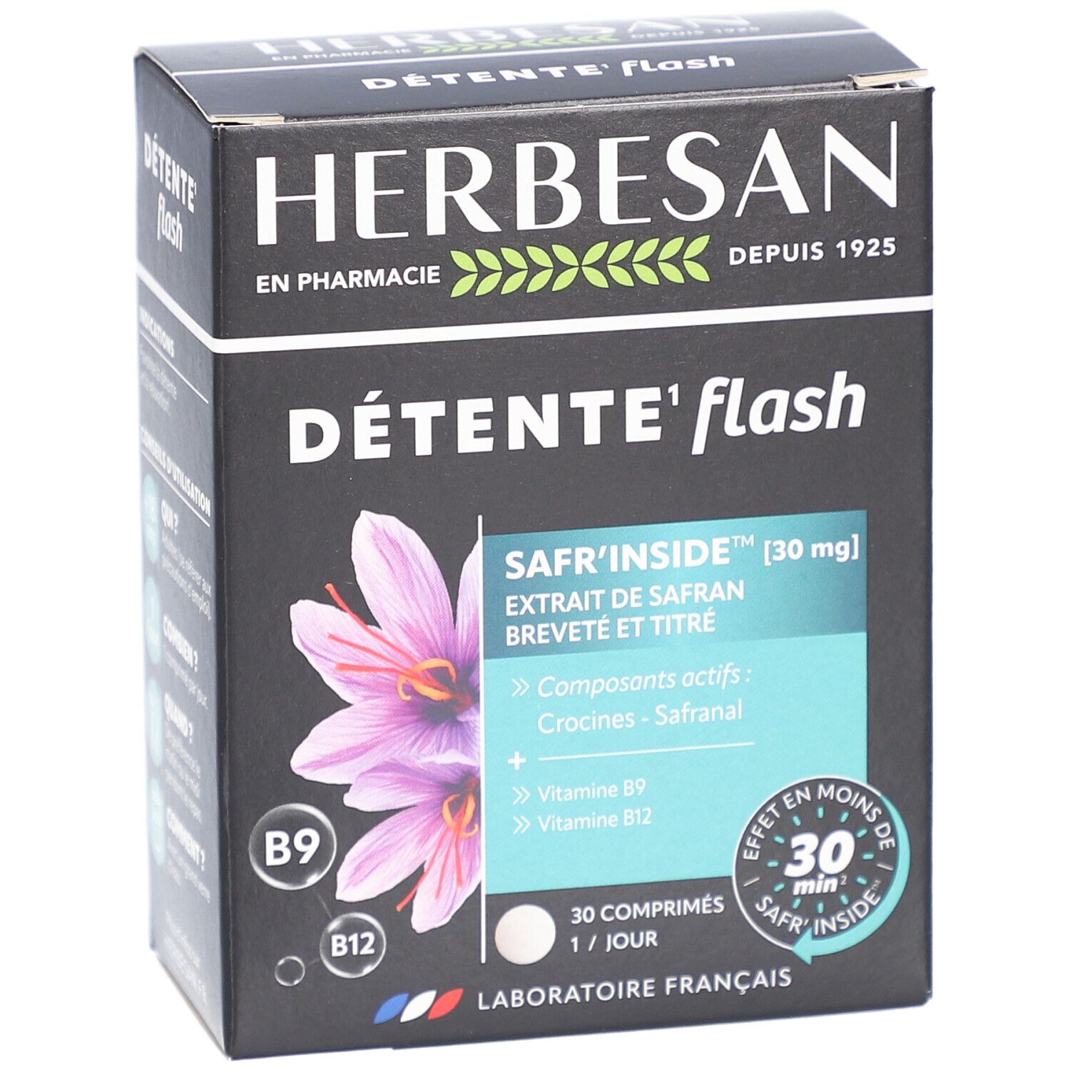 Boîte Herbesan Détente Flash. Emballage noir avec nom du produit, extrait de safran et vitamines B9 et B12.